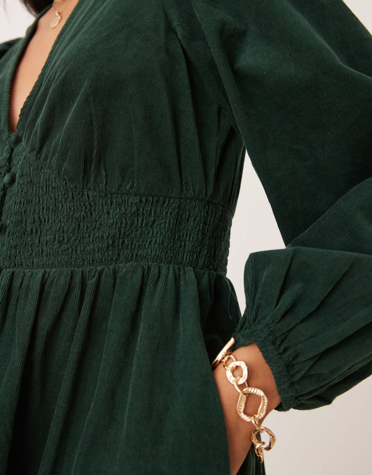 Nobody's Child Riley cord v-neck midi dress in dark green - ASOS Sample Sale