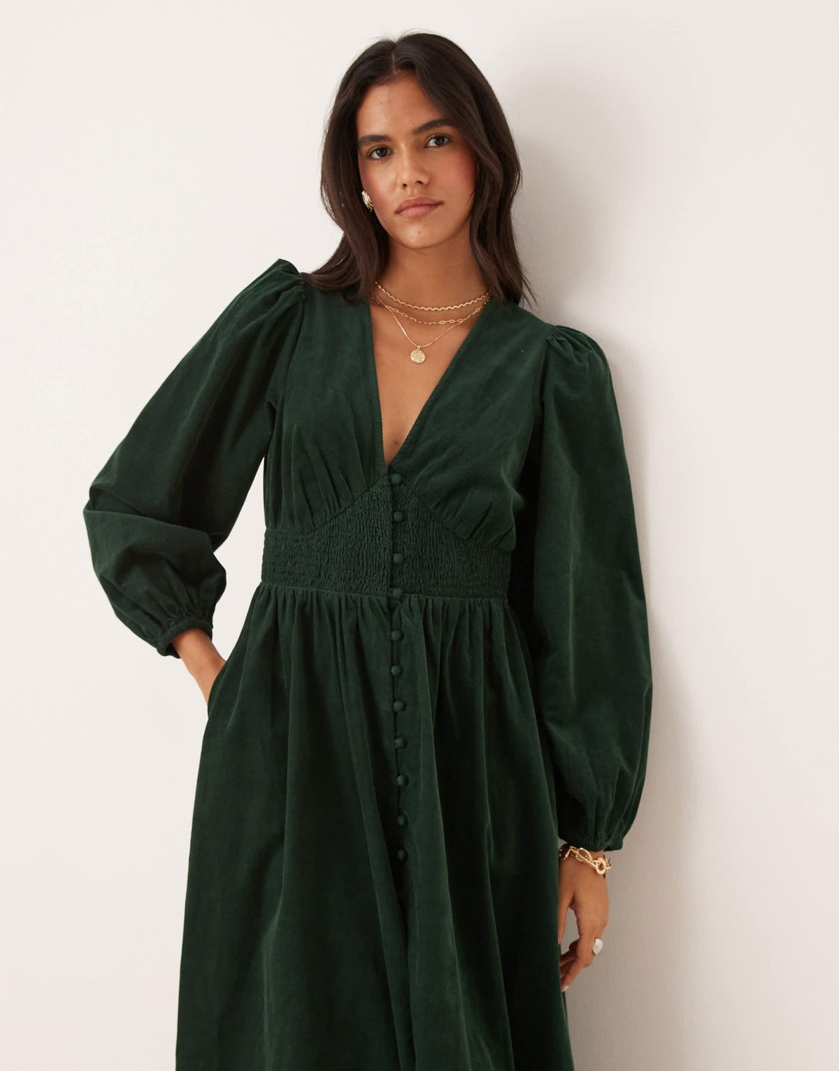 Nobody's Child Riley cord v-neck midi dress in dark green - ASOS Sample Sale