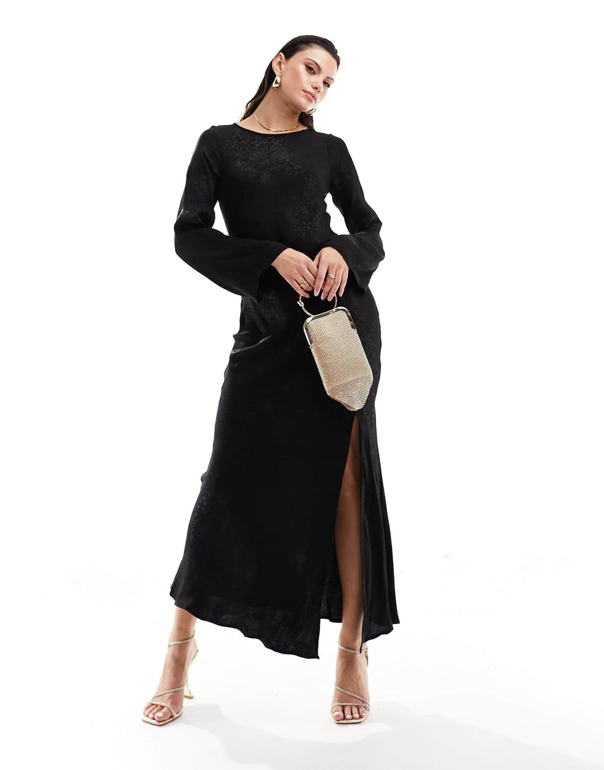 Nobody's Child satin jacquard maxi dress with thigh split in black - ASOS Sample Sale