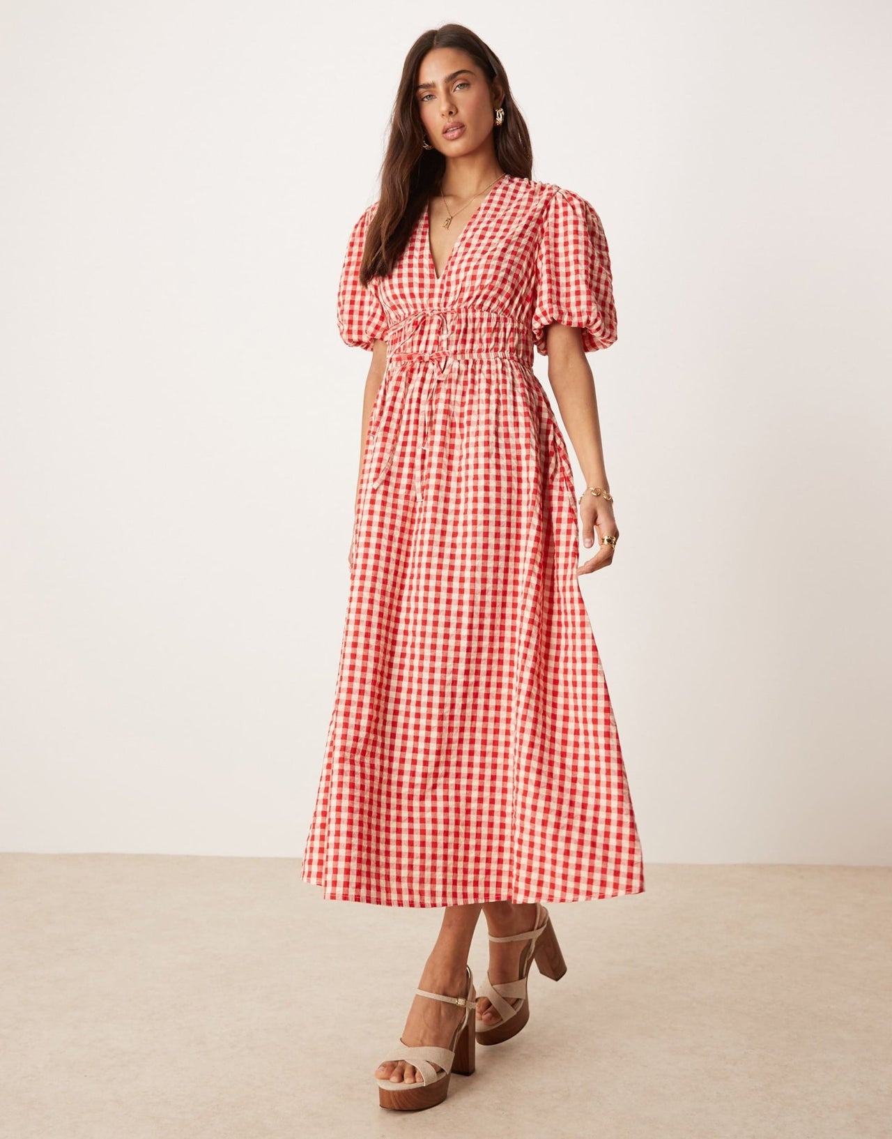 Nobody's Child Scottie v-neck midi dress in red gingham - ASOS Sample Sale