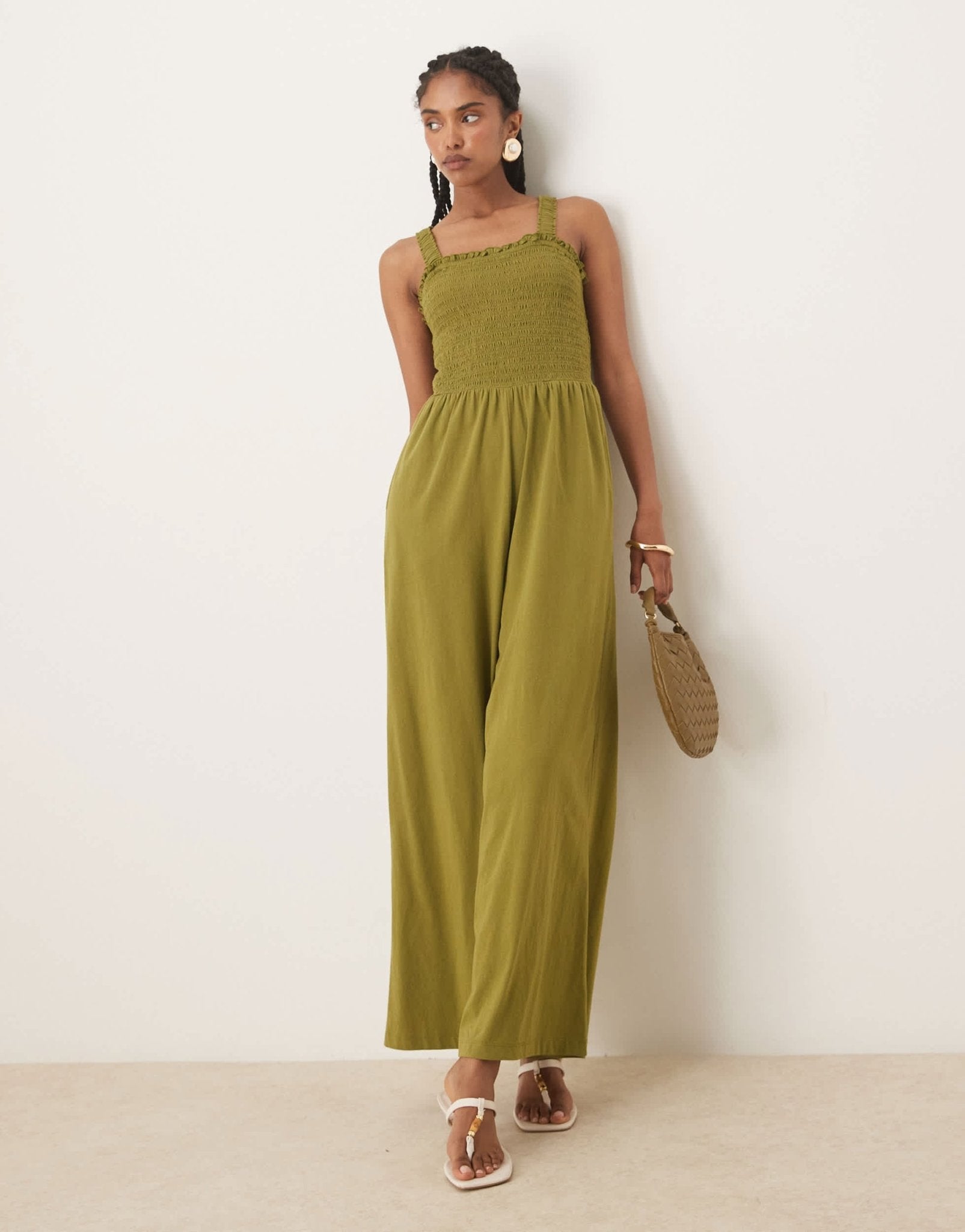 Nobody's Child shirred bodice wide leg jumpsuit in khaki - ASOS Sample Sale
