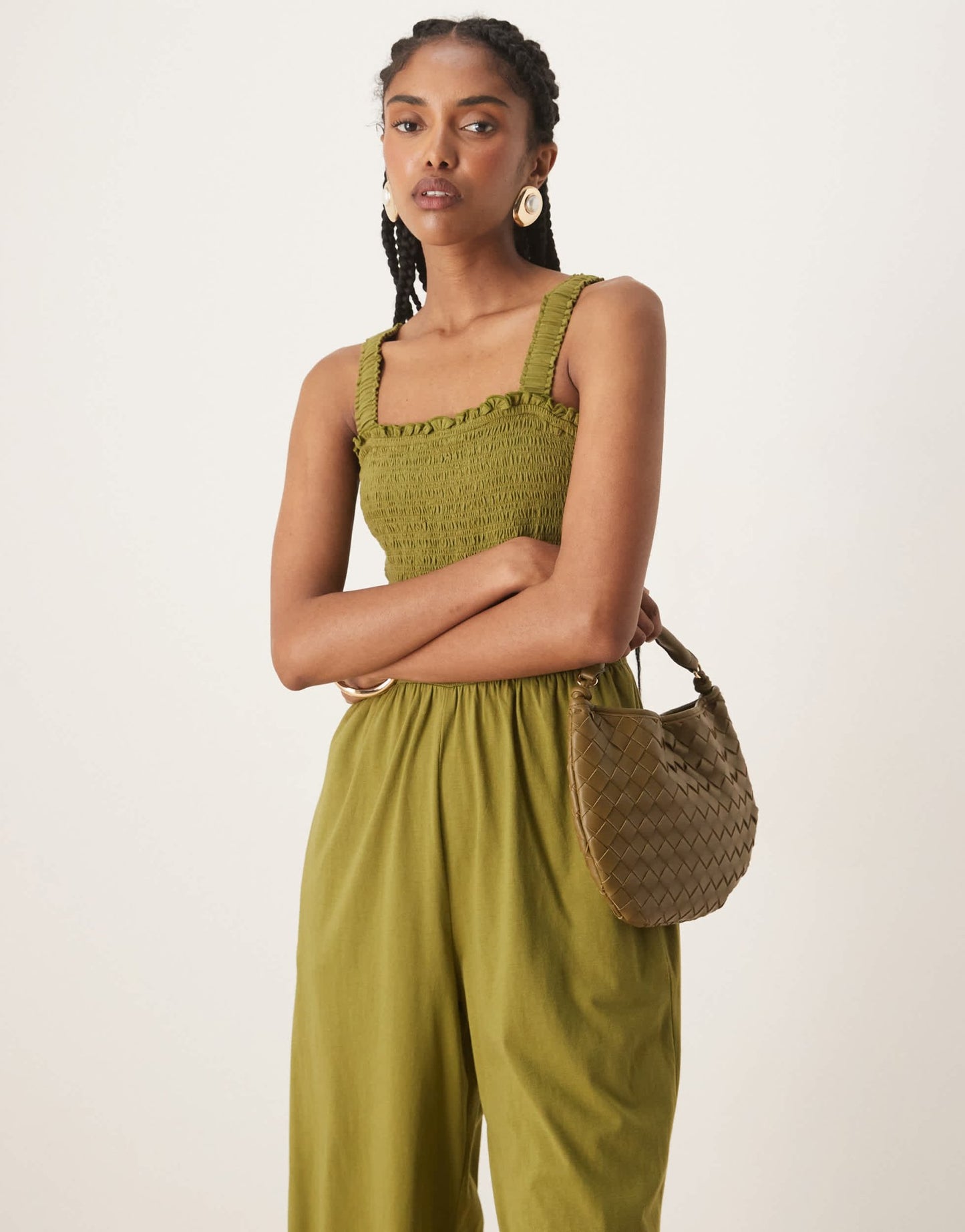 Nobody's Child shirred bodice wide leg jumpsuit in khaki - ASOS Sample Sale