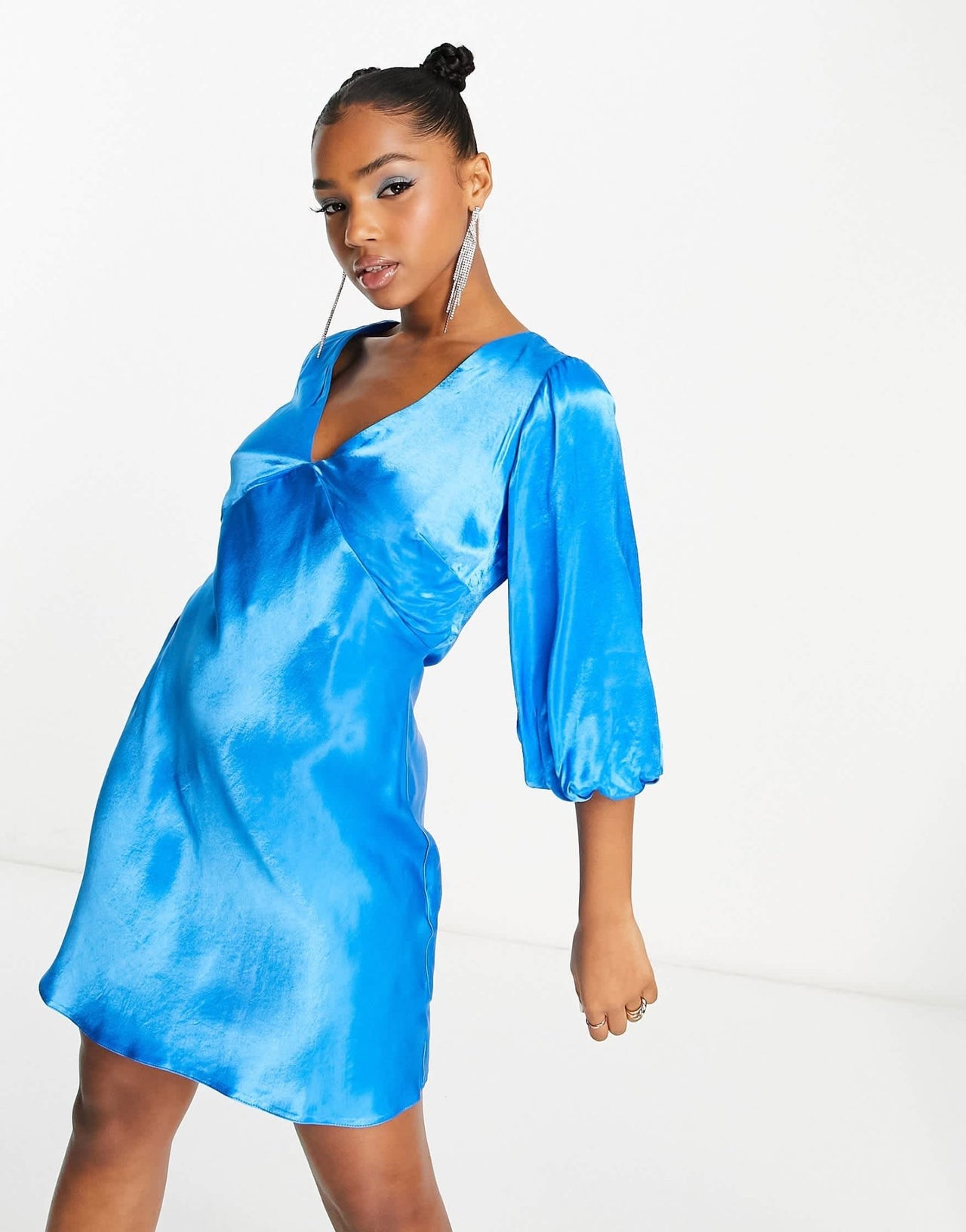 Nobody's Child Sierra puff sleeve satin mini dress in blue - ASOS Sample Sale