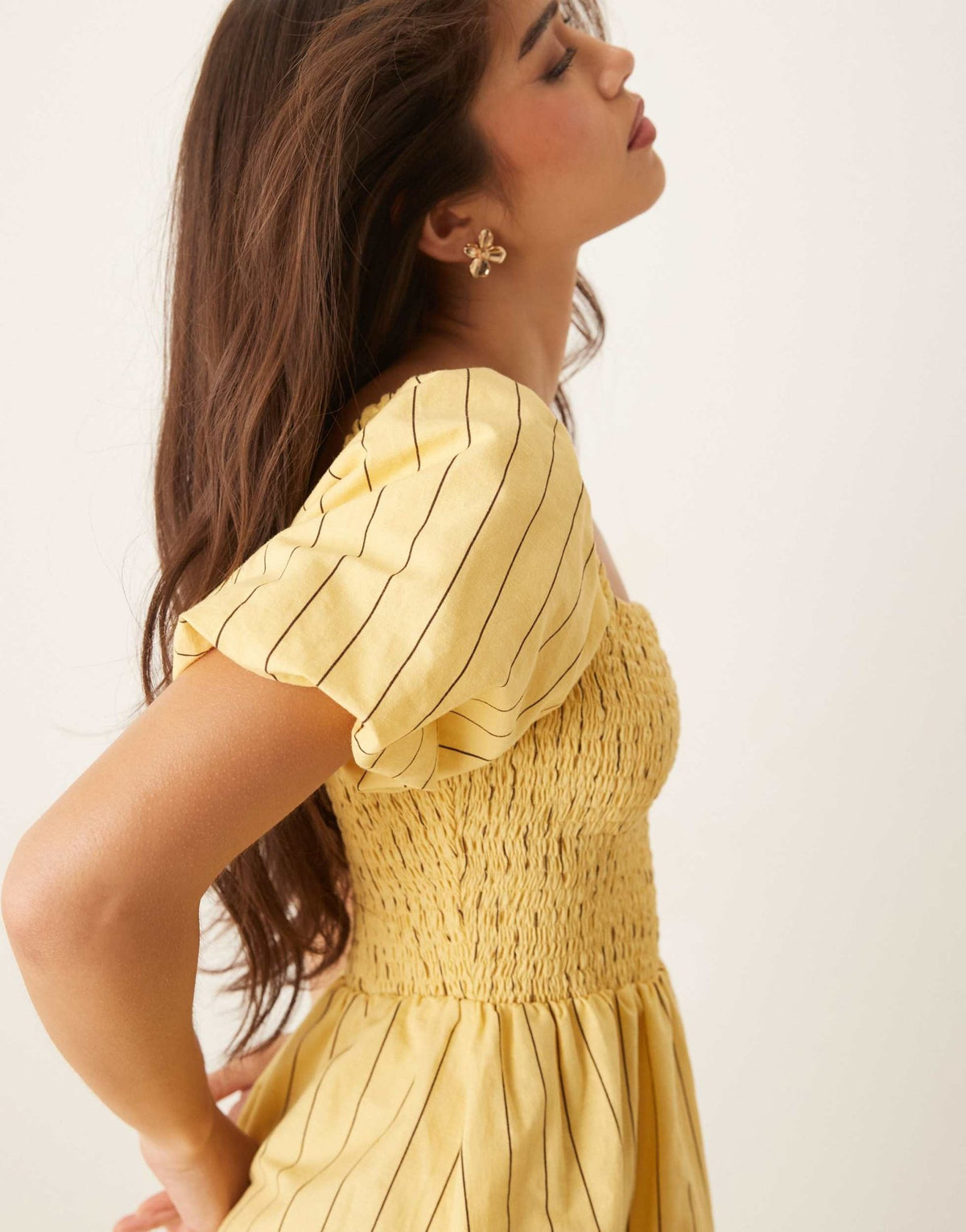 Nobody's Child Tasmin puff sleeve mini dress in yellow and chocolate stripe - ASOS Sample Sale