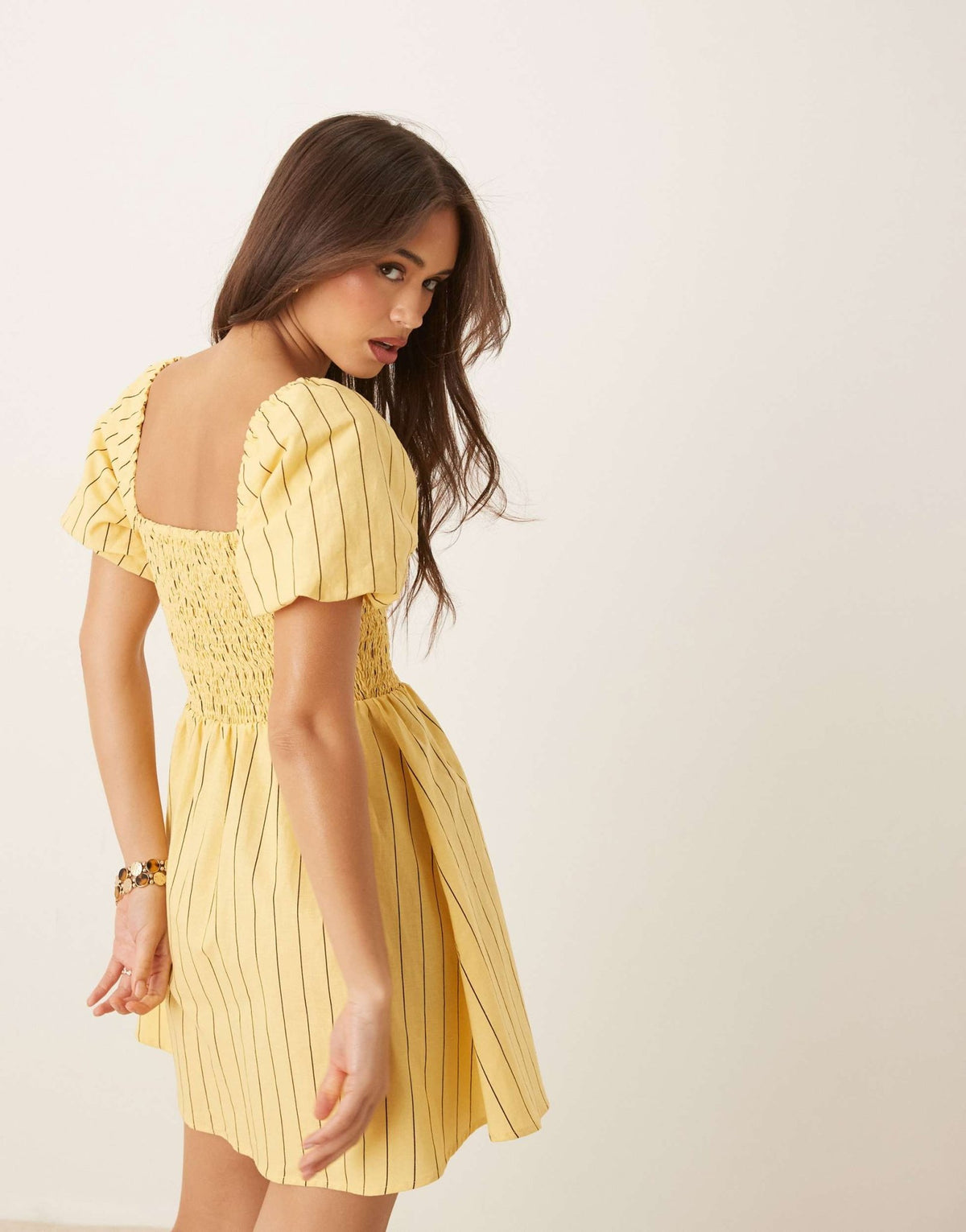 Nobody's Child Tasmin puff sleeve mini dress in yellow and chocolate stripe - ASOS Sample Sale