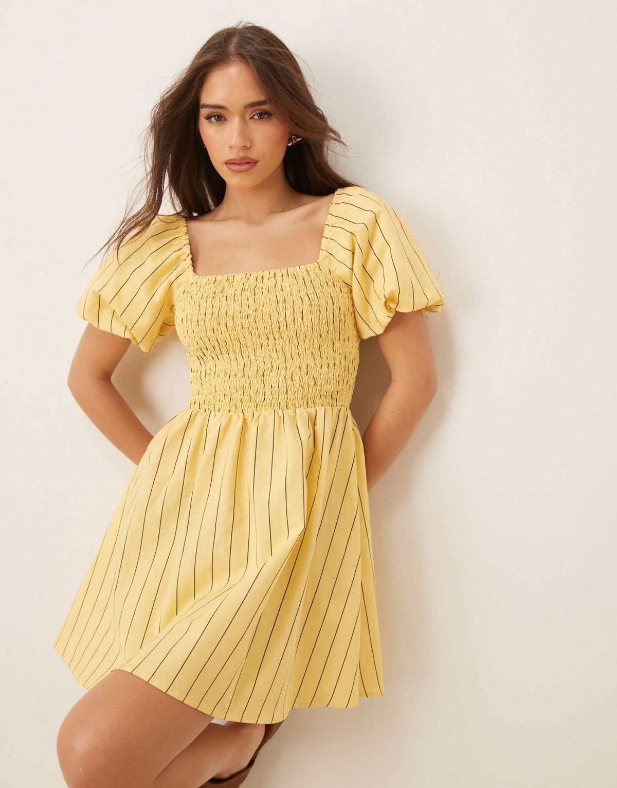 Nobody's Child Tasmin puff sleeve mini dress in yellow and chocolate stripe - ASOS Sample Sale