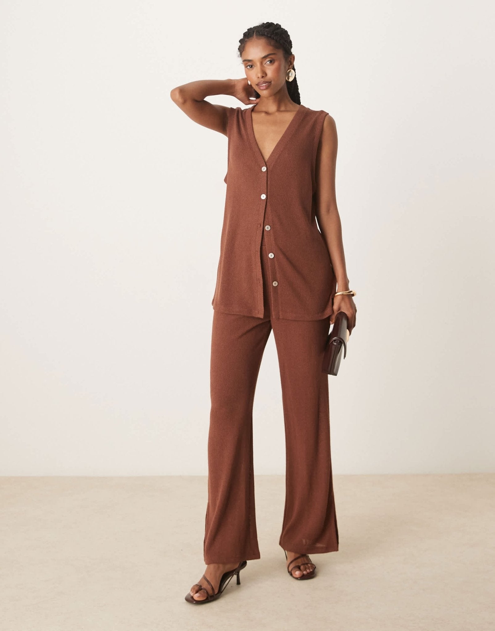Nobody's Child wide leg textured trousers co-ord in brown - ASOS Sample Sale