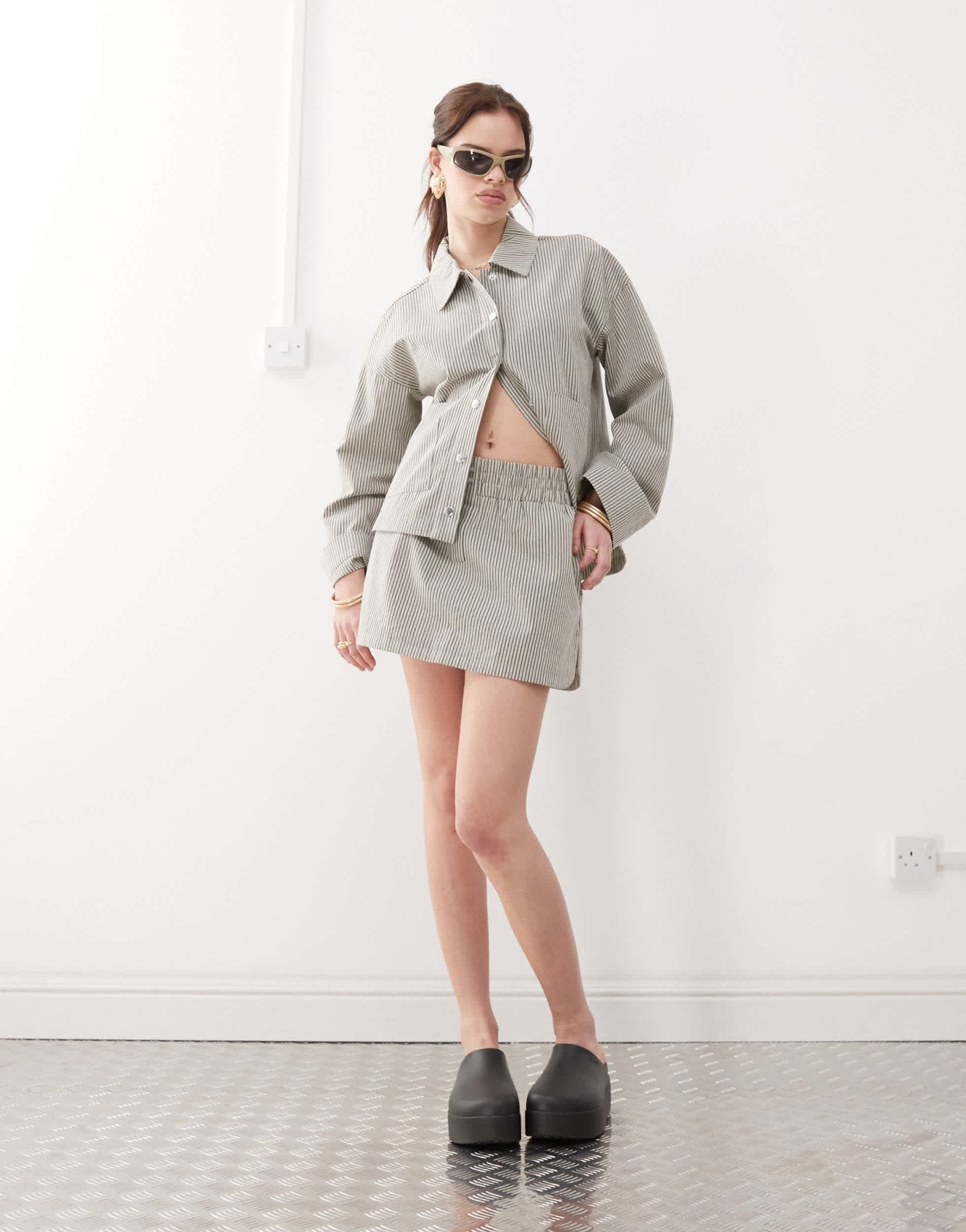 Noisy May boxer mini skirt co - ord in grey stripe - ASOS Sample Sale