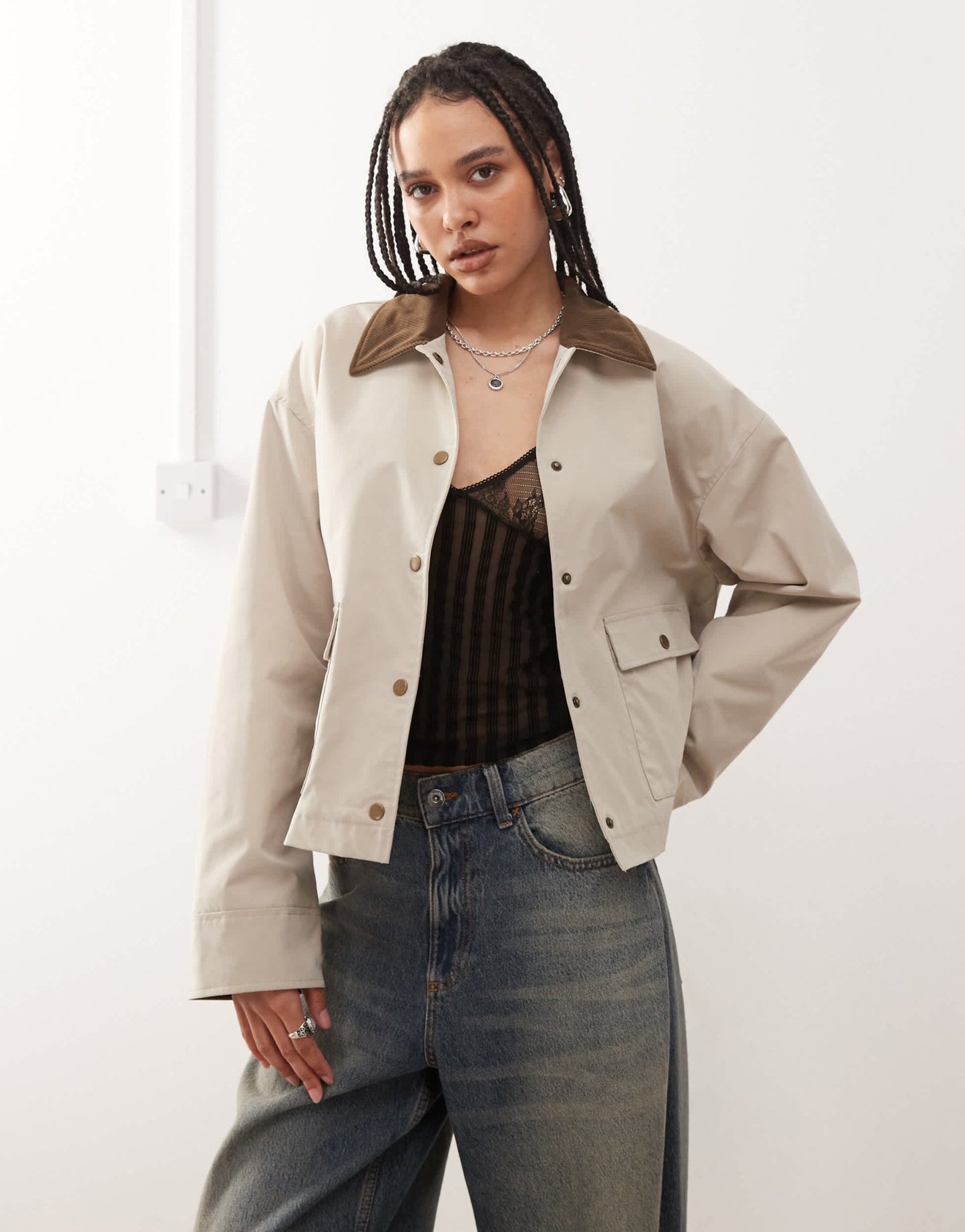 Noisy May contrast collar lightweight barn jacket in stone - ASOS Sample Sale