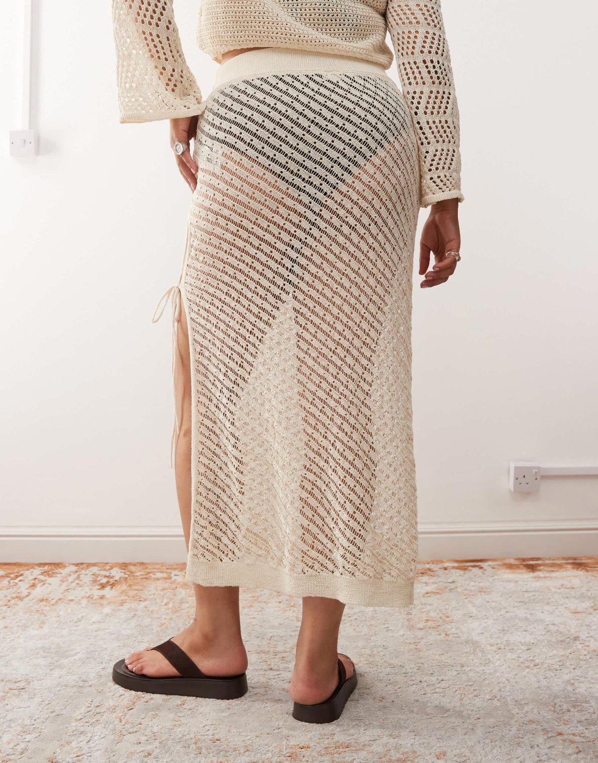 Noisy May Curve crochet tie detail maxi skirt co-ord in beige - ASOS Sample Sale