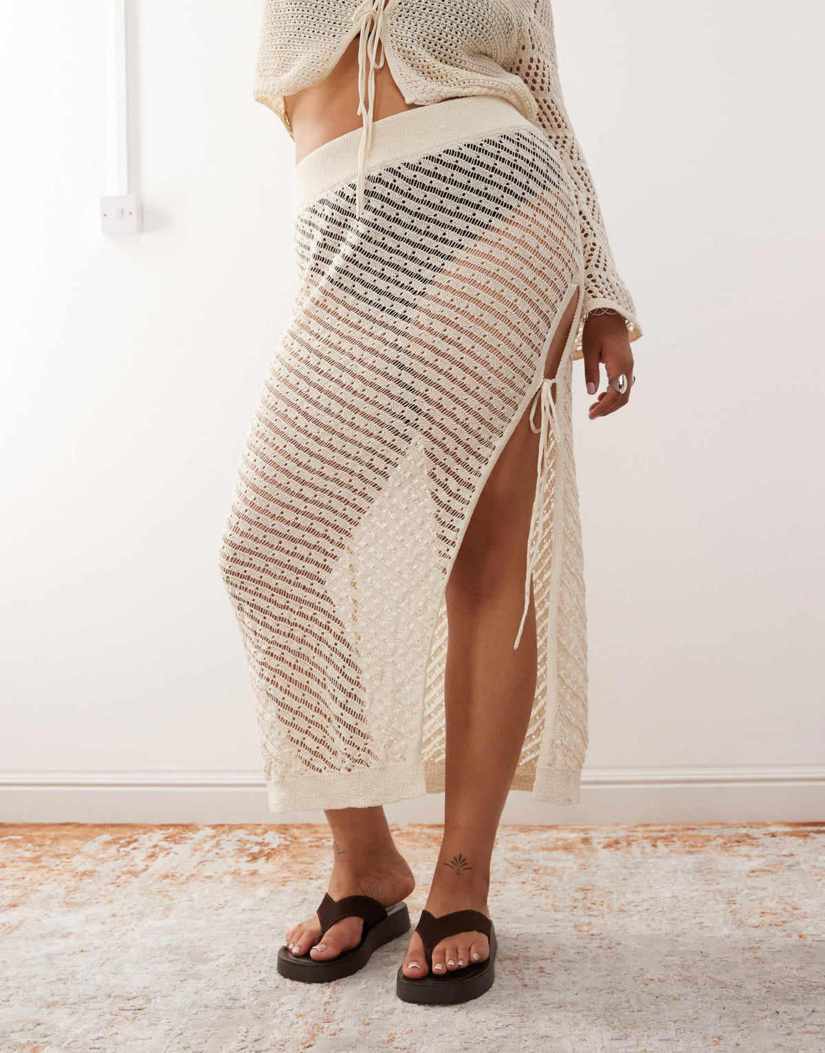 Noisy May Curve crochet tie detail maxi skirt co-ord in beige - ASOS Sample Sale