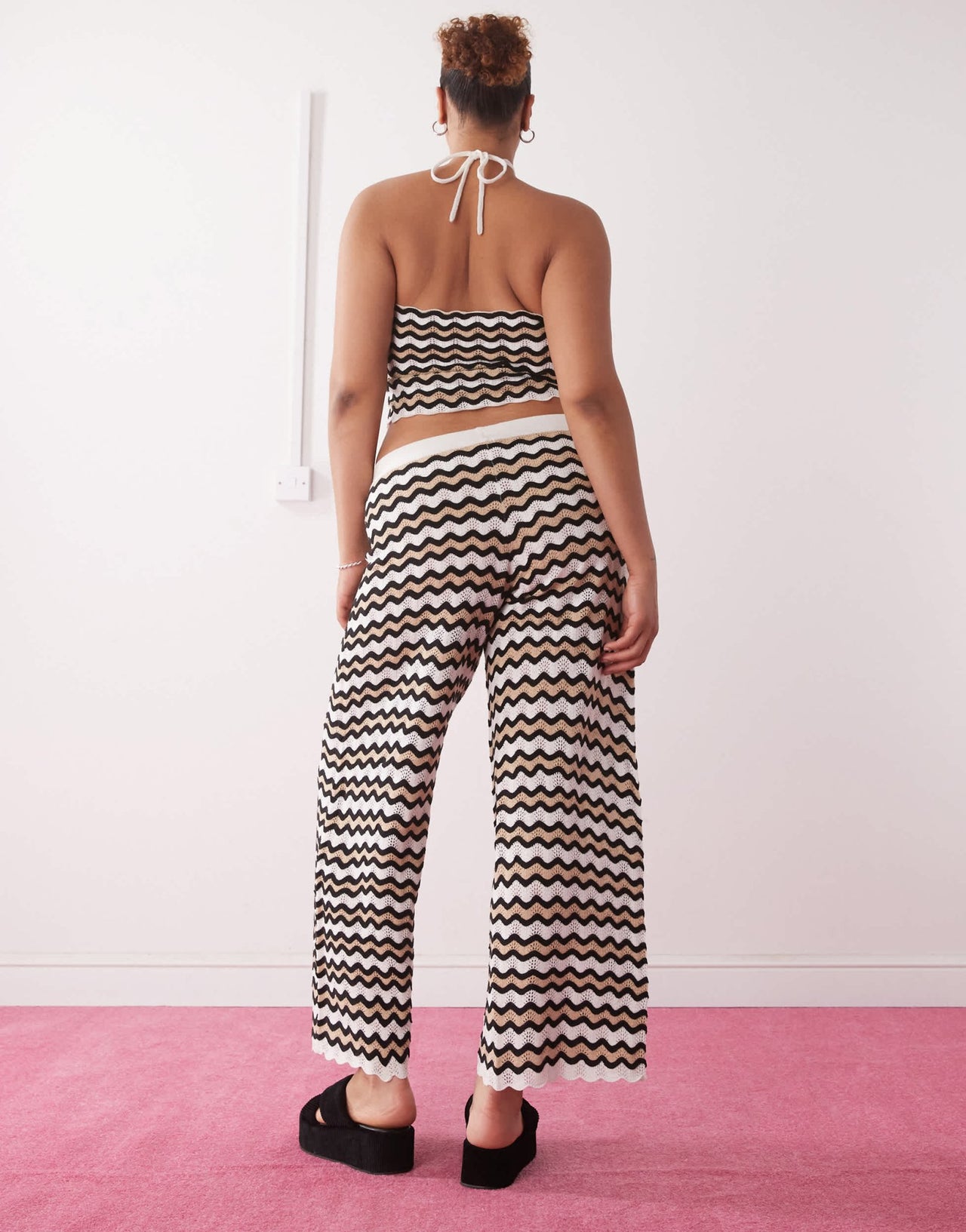 Noisy May Curve loose fit crochet trouser co-ord in black & beige wave - ASOS Sample Sale