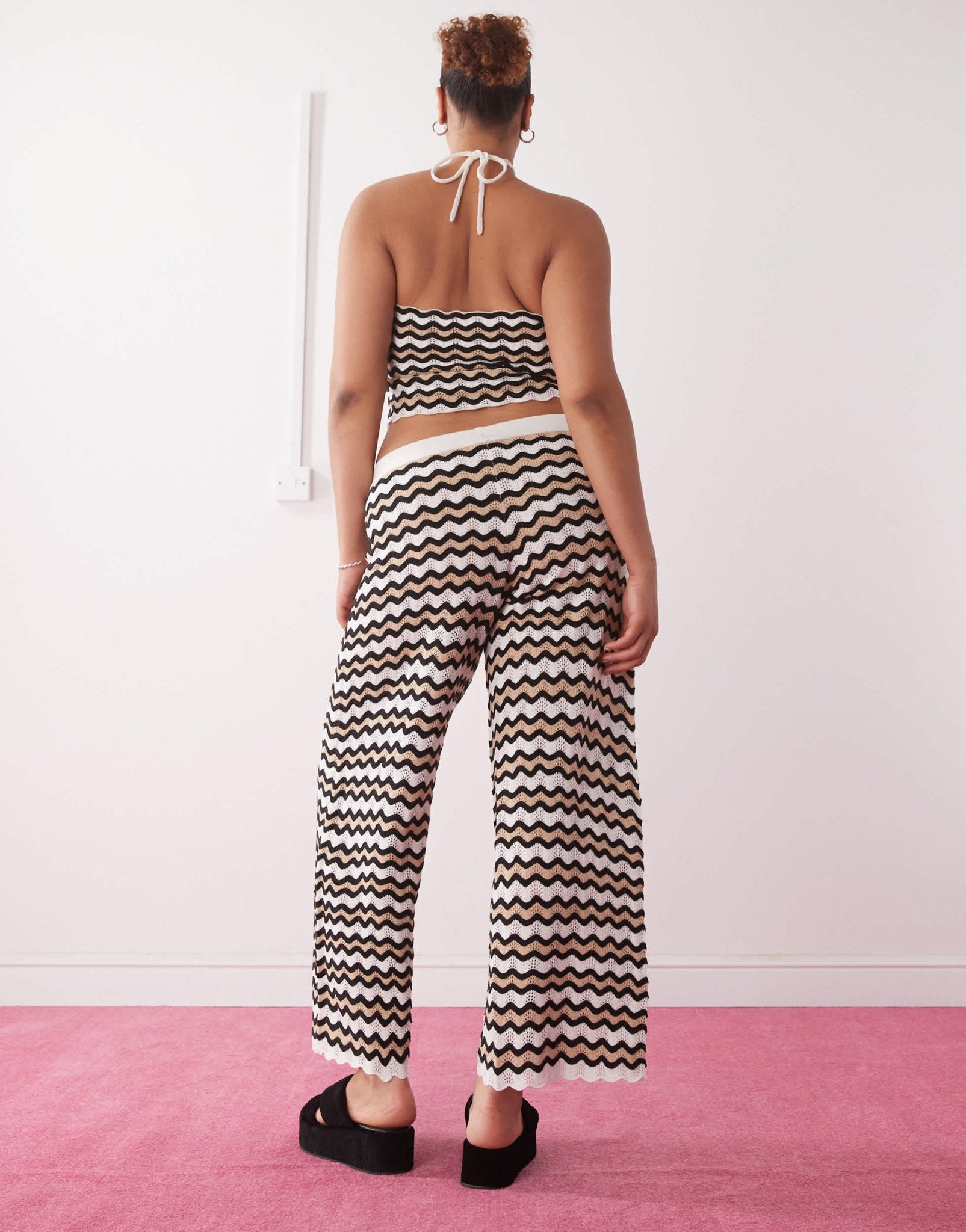 Noisy May Curve loose fit crochet trouser co-ord in black & beige wave - ASOS Sample Sale