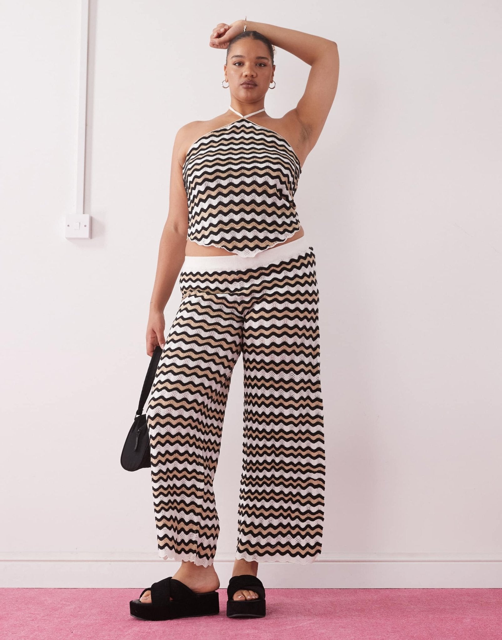 Noisy May Curve loose fit crochet trouser co-ord in black & beige wave - ASOS Sample Sale