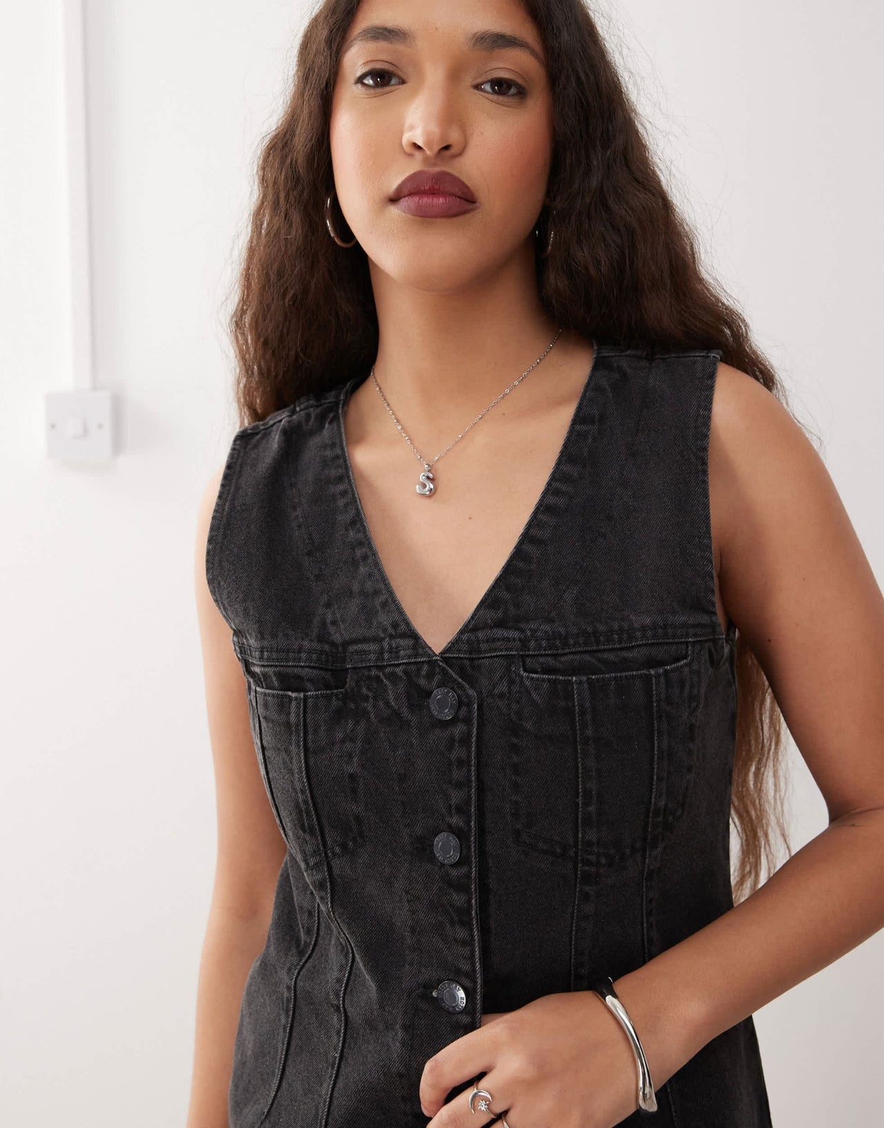 Noisy May denim waistcoat mini dress in washed black - ASOS Sample Sale