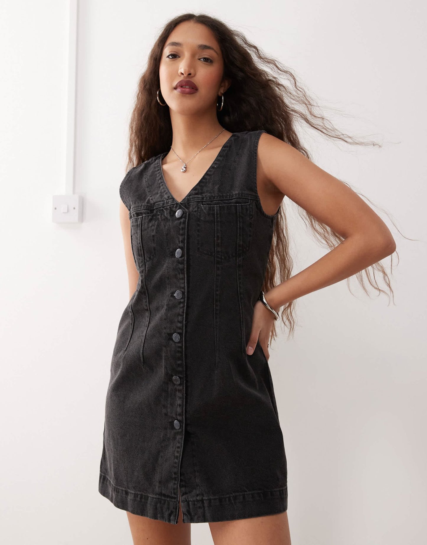 Noisy May denim waistcoat mini dress in washed black - ASOS Sample Sale