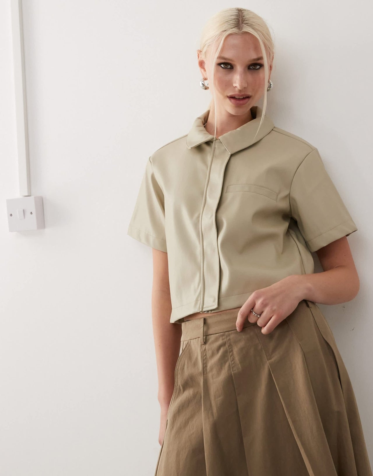 Noisy May faux leather cropped shirt in beige - ASOS Sample Sale