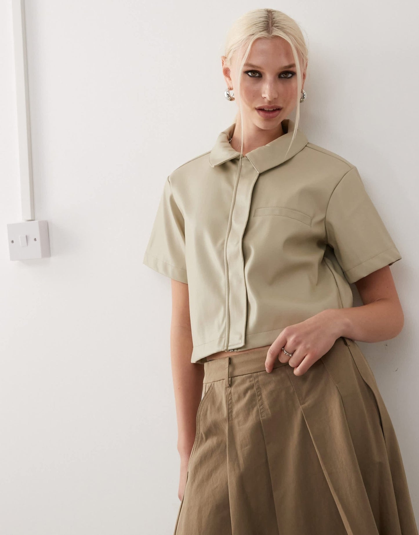 Noisy May faux leather cropped shirt in beige - ASOS Sample Sale
