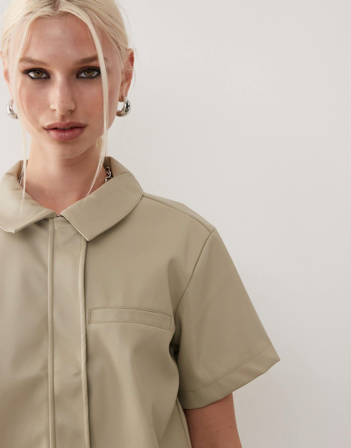Noisy May faux leather cropped shirt in beige - ASOS Sample Sale