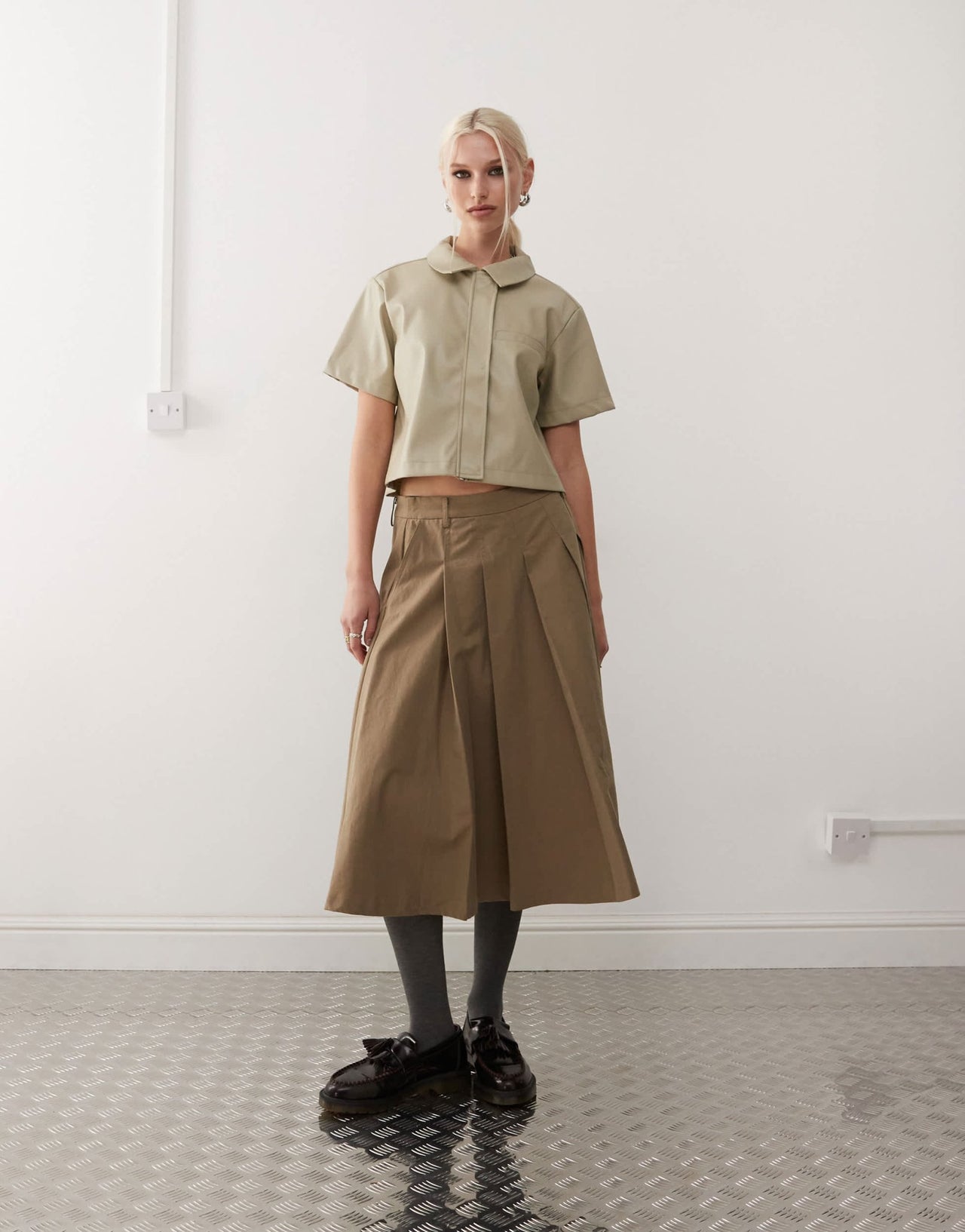 Noisy May faux leather cropped shirt in beige - ASOS Sample Sale