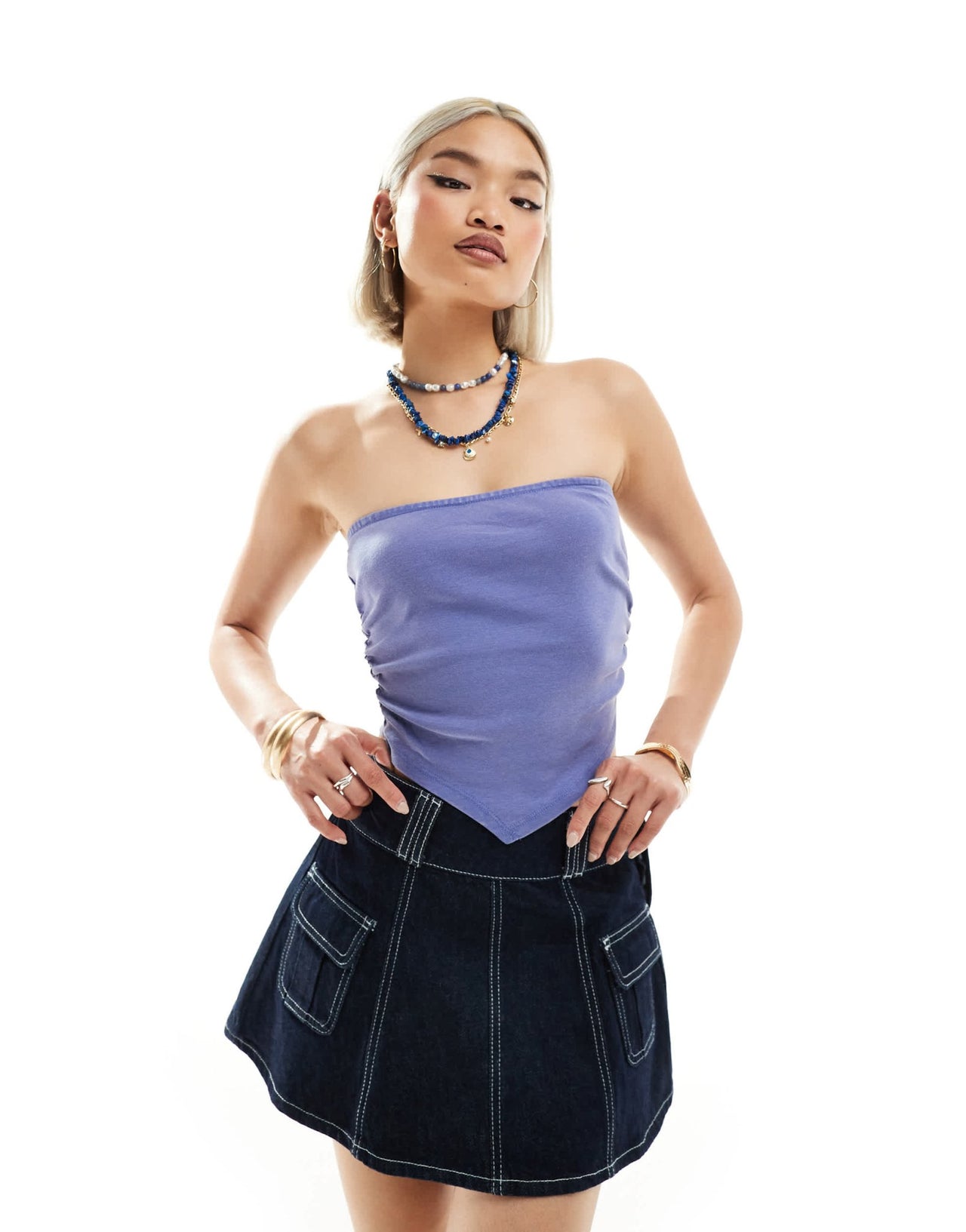 Noisy May hanky hem bandaue top in washed denim - ASOS Sample Sale