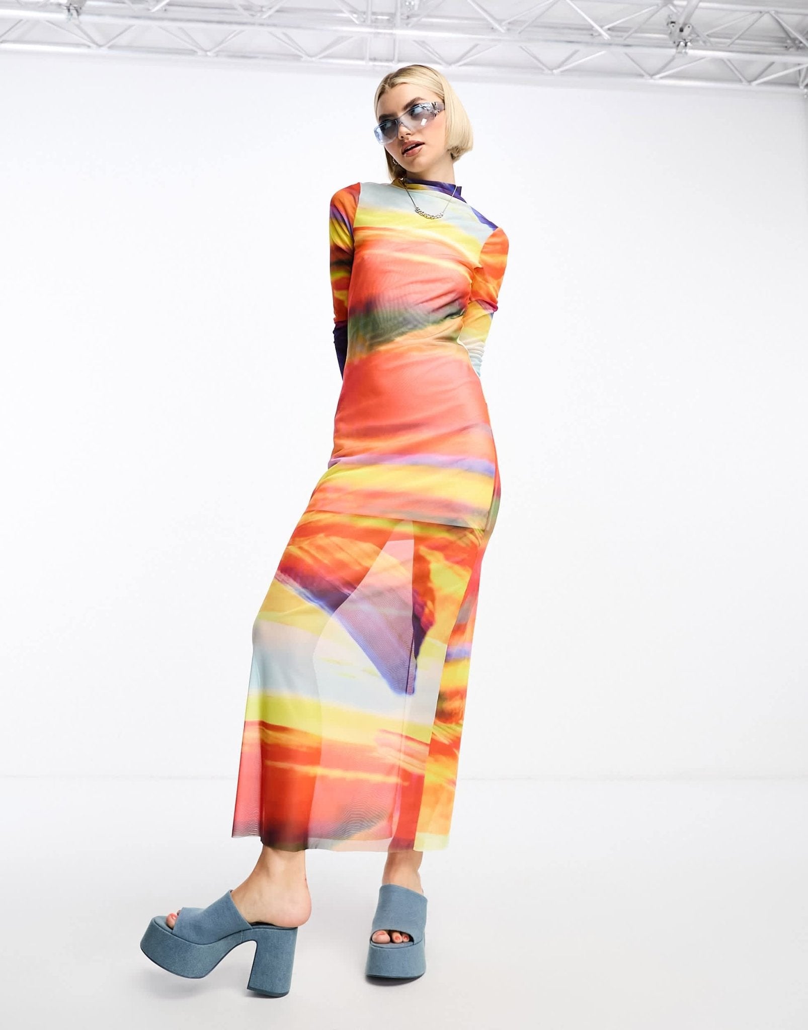 Noisy May mesh maxi dress in multi sunset print - ASOS Sample Sale