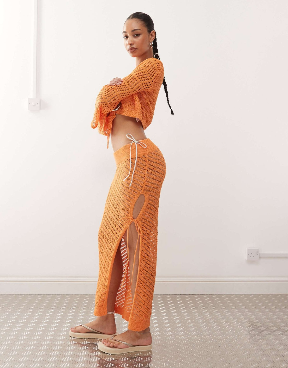 Noisy May side split tie detail crochet maxi skirt in orange - ASOS Sample Sale