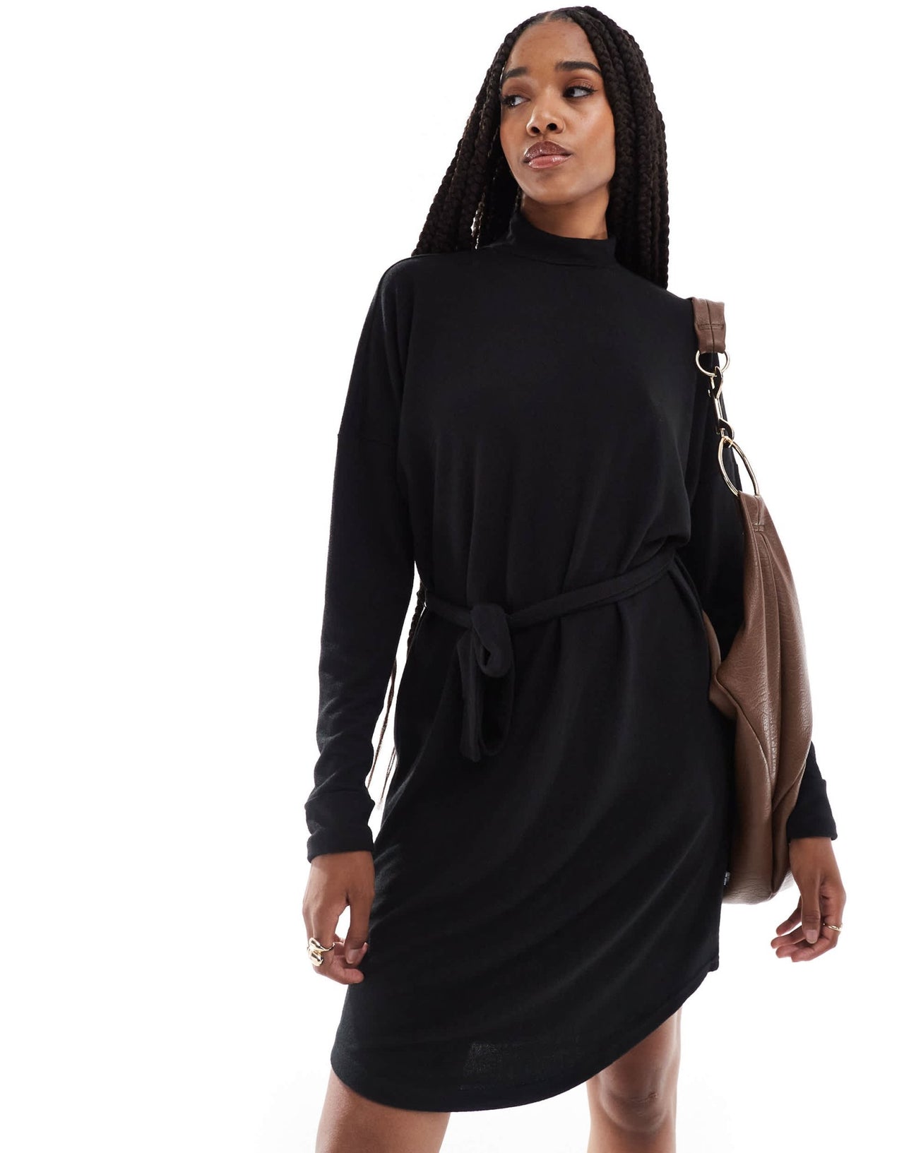 Noisy May Tall tie waist high neck knitted mini jumper dress in black - ASOS Sample Sale