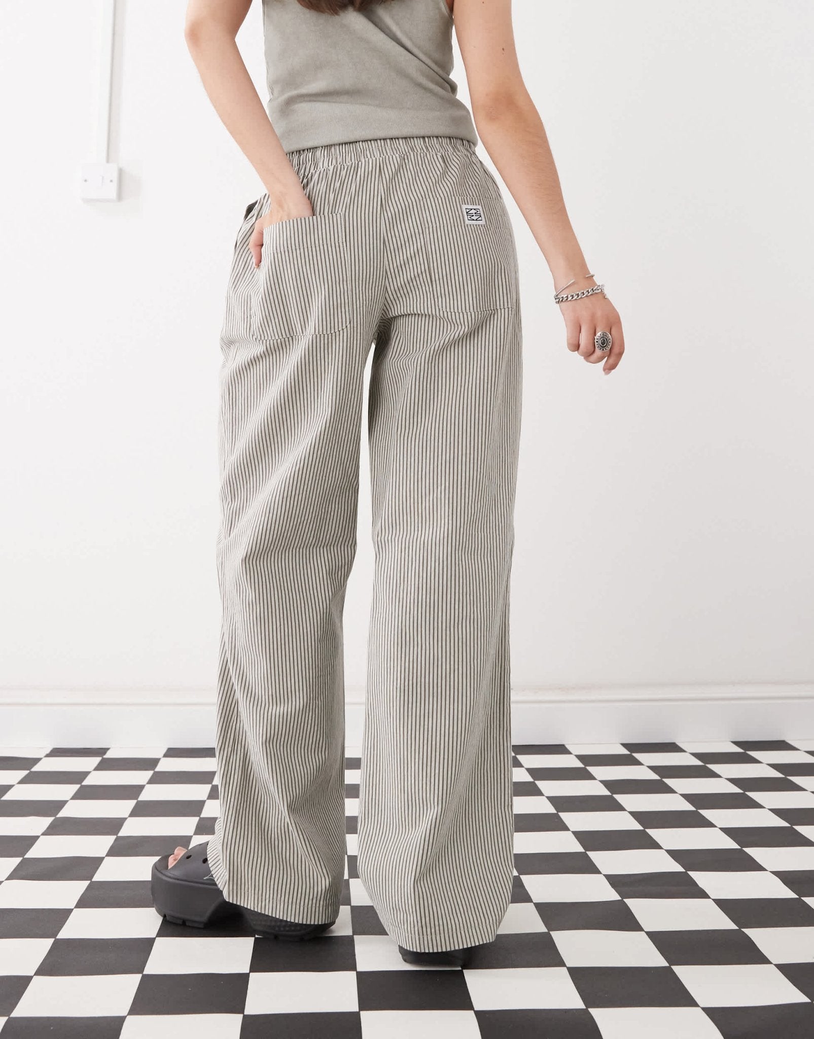 Noisy May tie front wide leg trousers in grey stripe - ASOS Sample Sale
