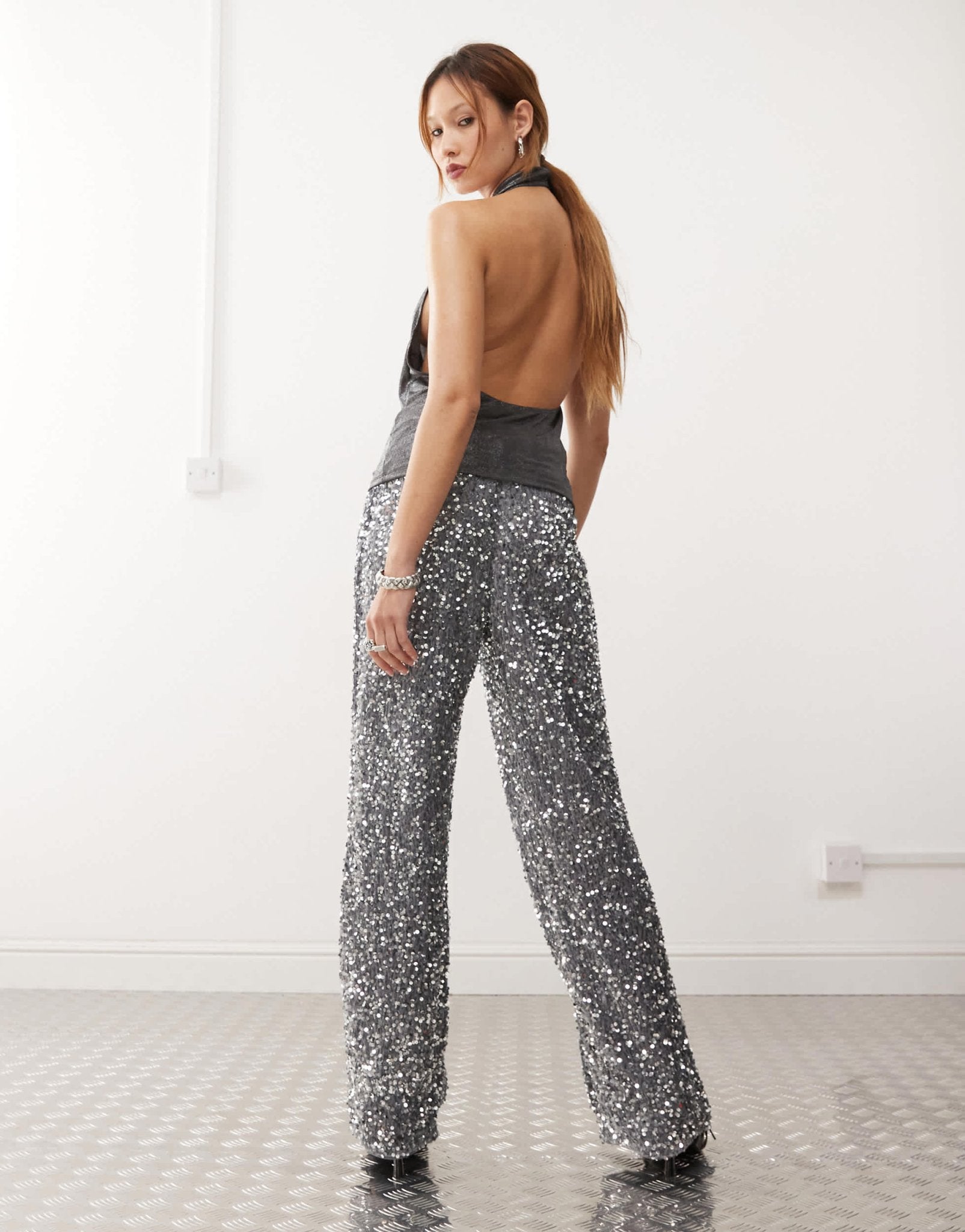 Noisy May wide leg sequin trouser in silver - ASOS Sample Sale