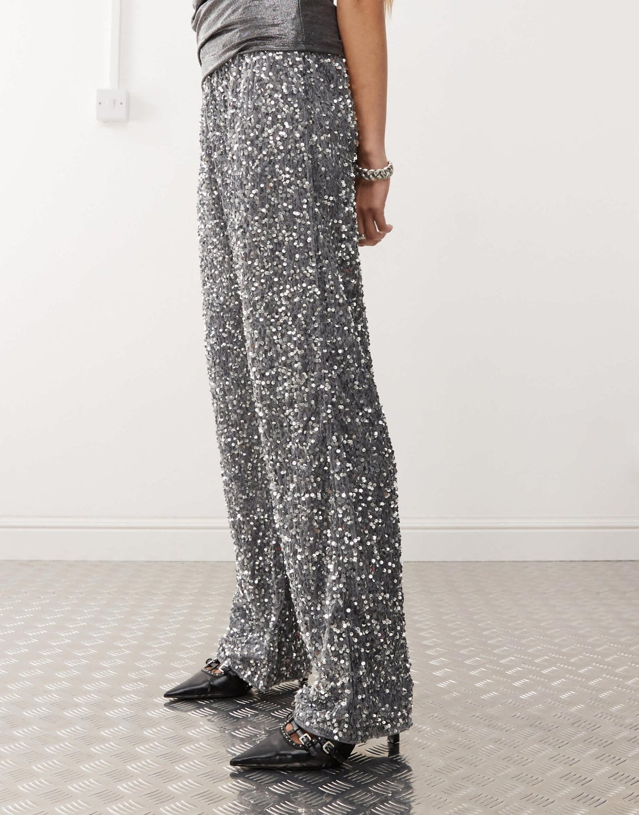 Noisy May wide leg sequin trouser in silver - ASOS Sample Sale