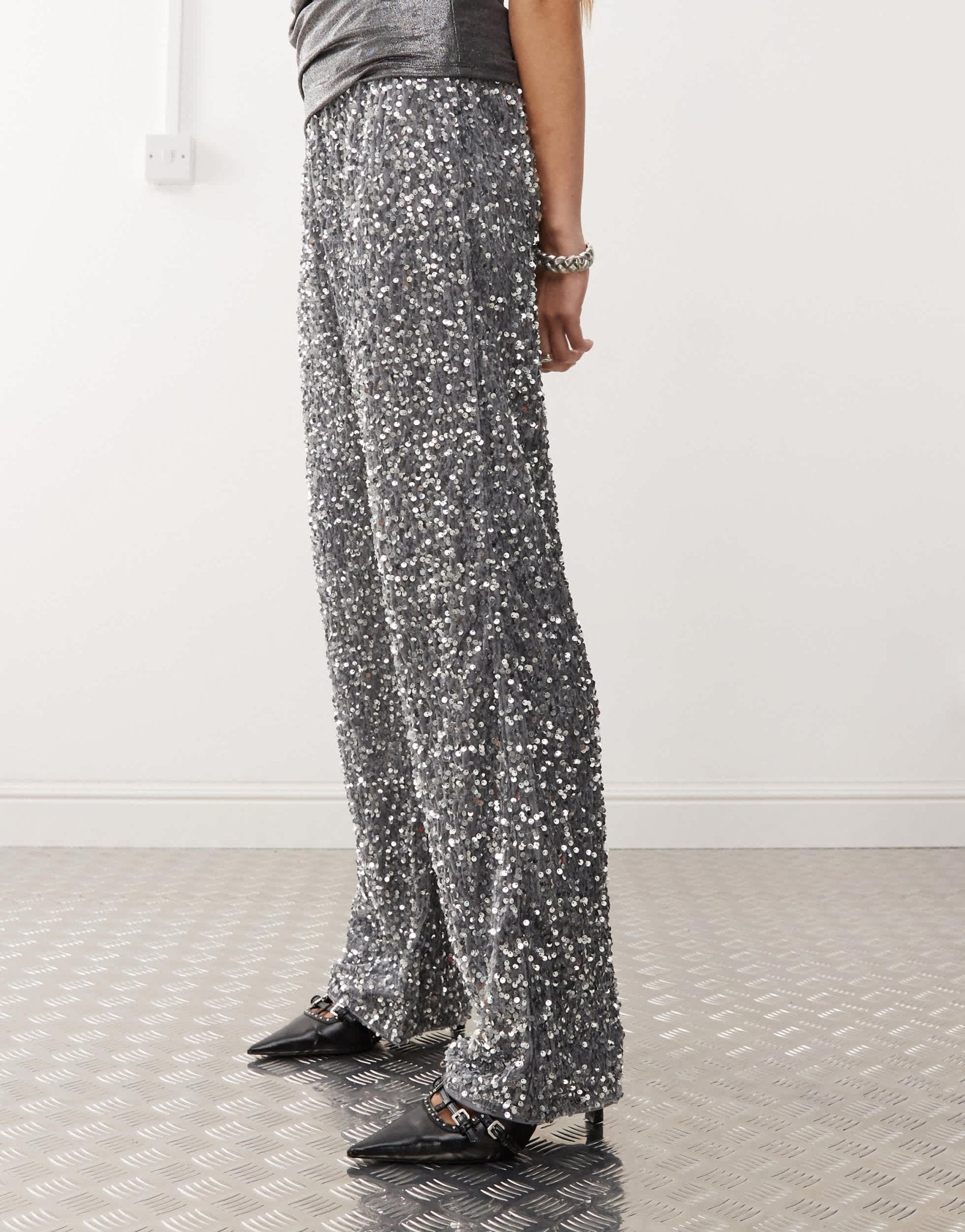 Noisy May wide leg sequin trouser in silver - ASOS Sample Sale
