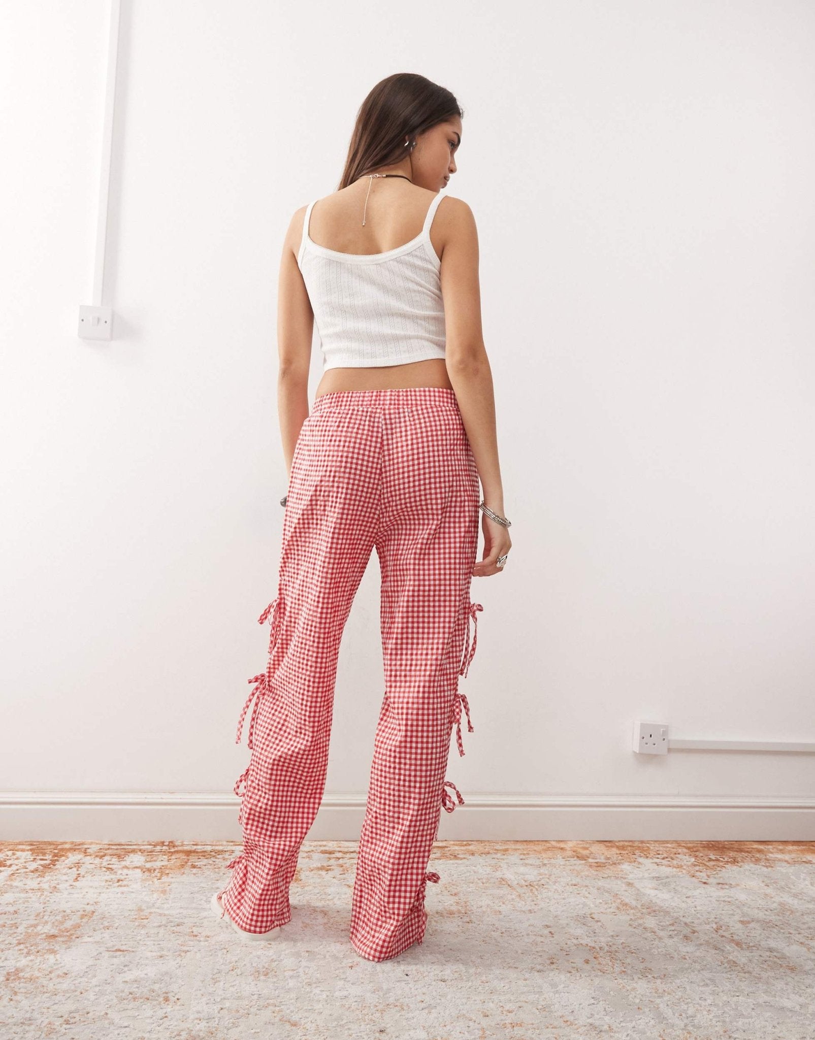 Noisy May wide leg side tie detail trousers in red gingham - ASOS Sample Sale