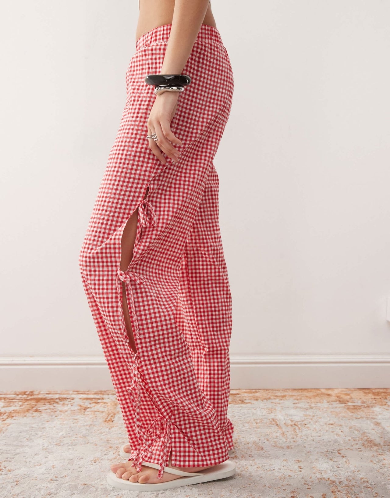 Noisy May wide leg side tie detail trousers in red gingham - ASOS Sample Sale