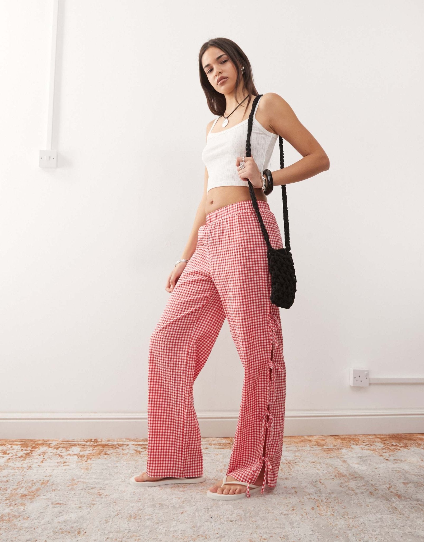 Noisy May wide leg side tie detail trousers in red gingham - ASOS Sample Sale