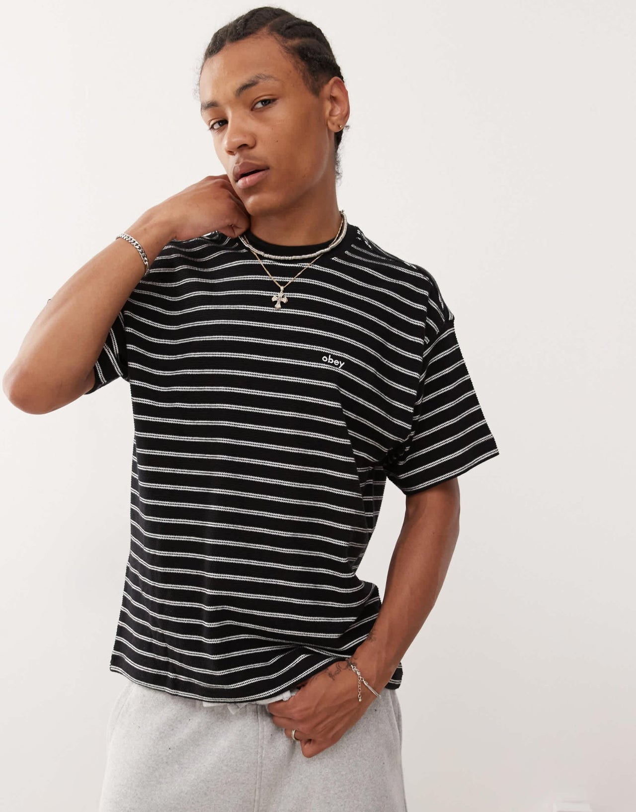 Obey observe relaxed logo striped t-shirt in black and white - ASOS Sample Sale