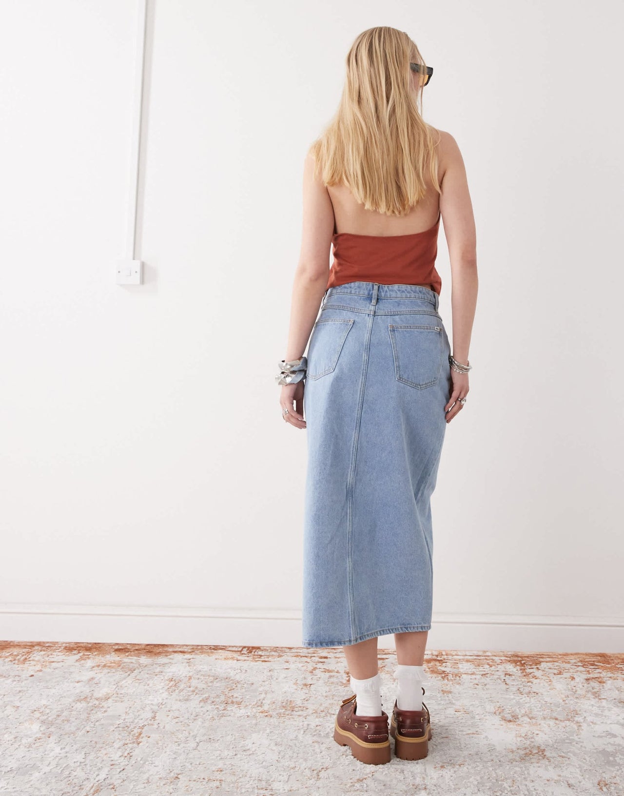 Obey Simplex denim midi skirt with front slit in light wash blue - ASOS Sample Sale