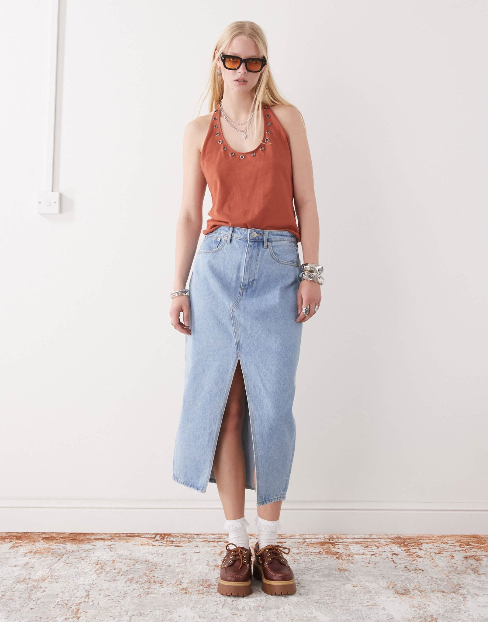 Obey Simplex denim midi skirt with front slit in light wash blue - ASOS Sample Sale