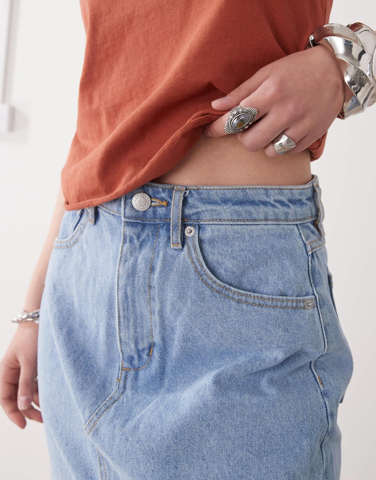 Obey Simplex denim midi skirt with front slit in light wash blue - ASOS Sample Sale