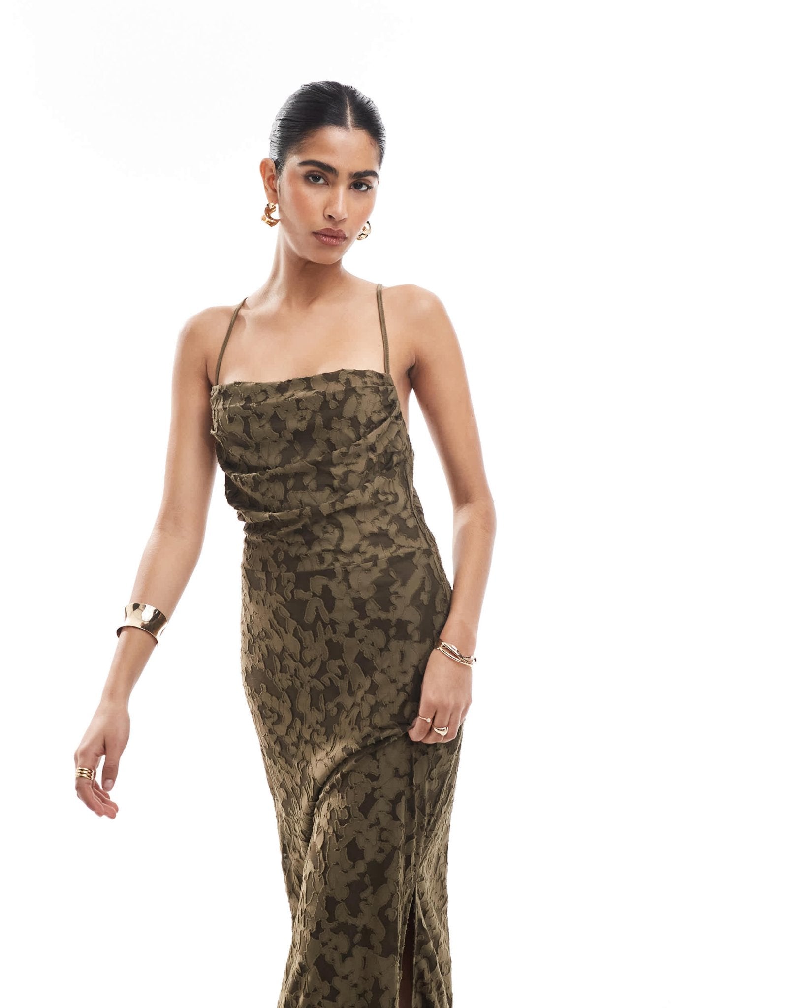 Object low cross back maxi slip dress in olive burnout - ASOS Sample Sale