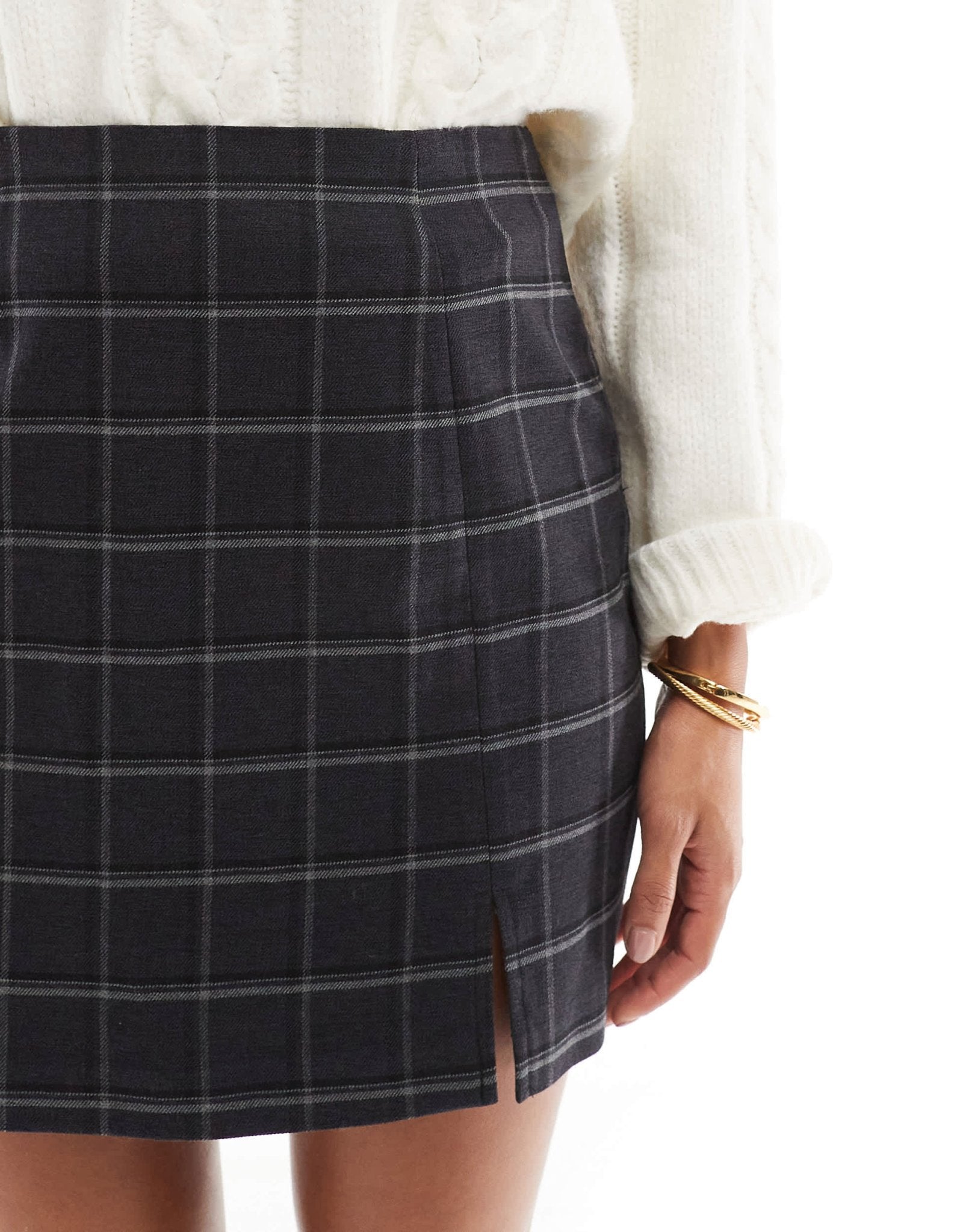 Object notch front tailored skirt in dark grey melange with windowpane check - ASOS Sample Sale