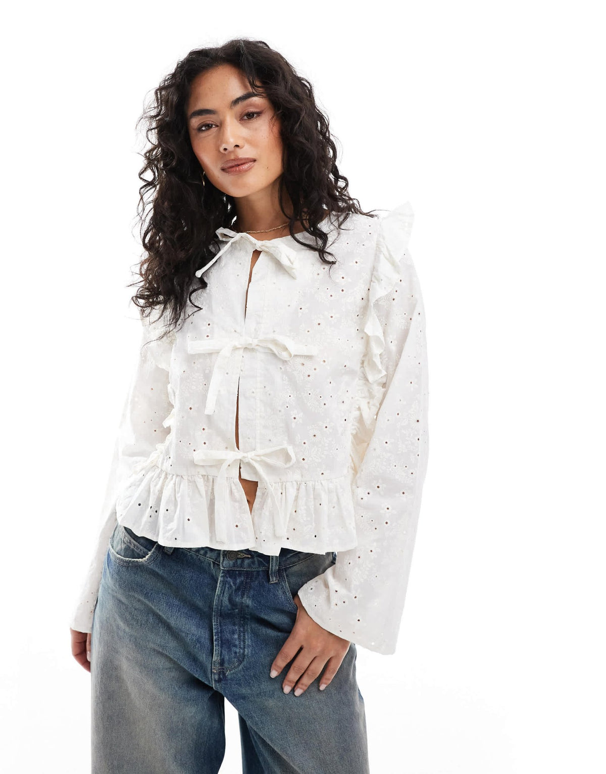 Object tie front long sleeved blouse with ruffles in off white - ASOS Sample Sale