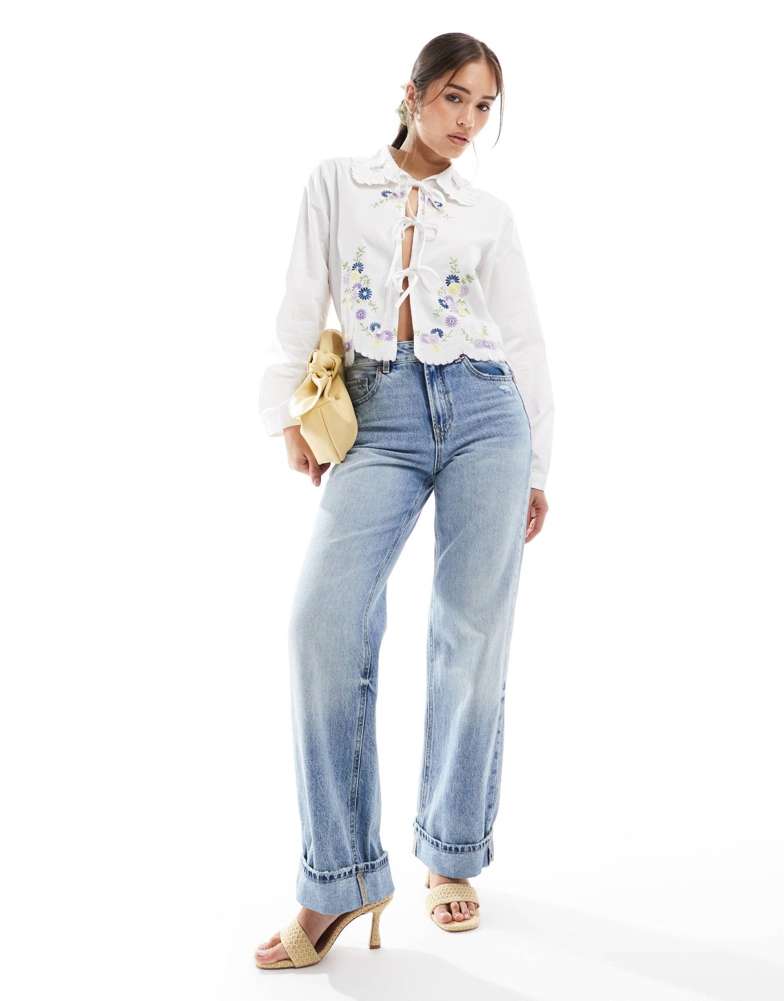 Object tie front shirt with floral embroidery in white - ASOS Sample Sale