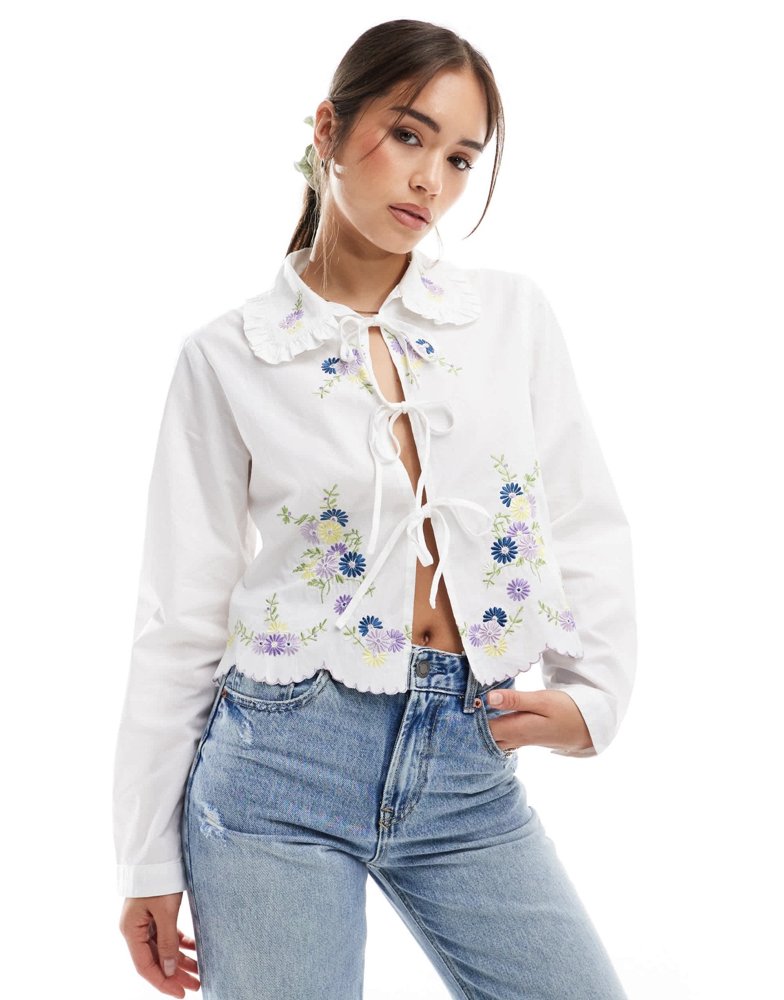 Object tie front shirt with floral embroidery in white - ASOS Sample Sale