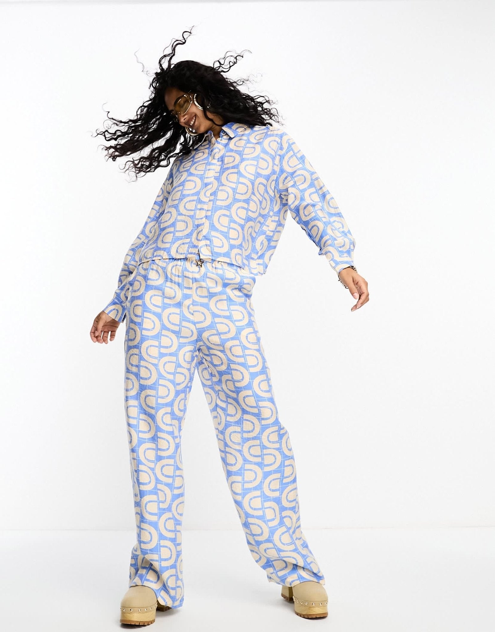 Object wide leg trouser co - ord in blue retro print - ASOS Sample Sale