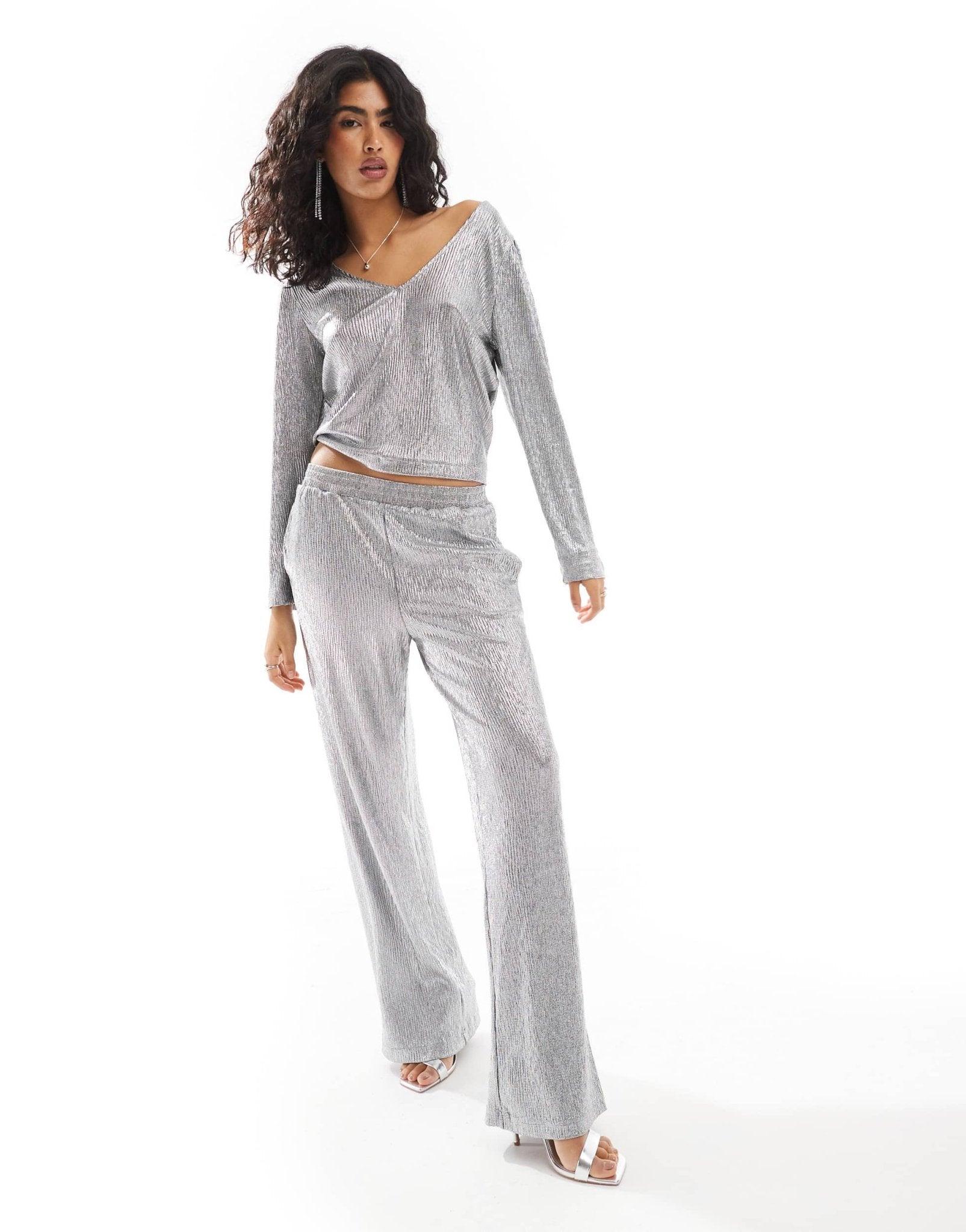 Object wide leg trouser with elasticated waist co - ord in silver - ASOS Sample Sale
