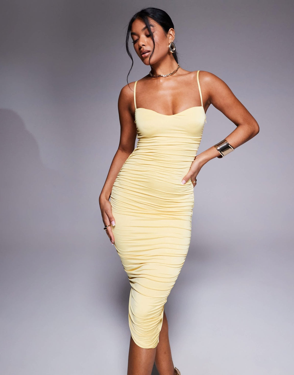 Oh Polly Anaisa ruched asymmetric midi dress in pastel yellow - ASOS Sample Sale
