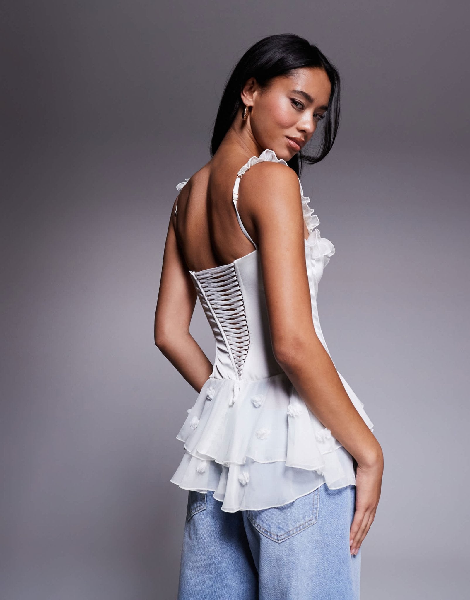 Oh Polly Caelie 3D floral applique ruffle playsuit in white - ASOS Sample Sale