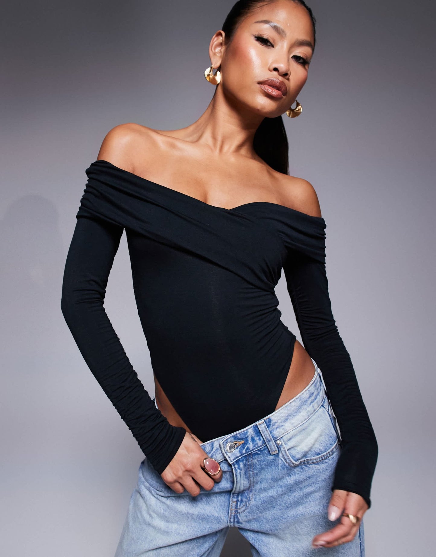 Oh Polly Ceyln modal off shoulder ruched bodysuit in black - ASOS Sample Sale