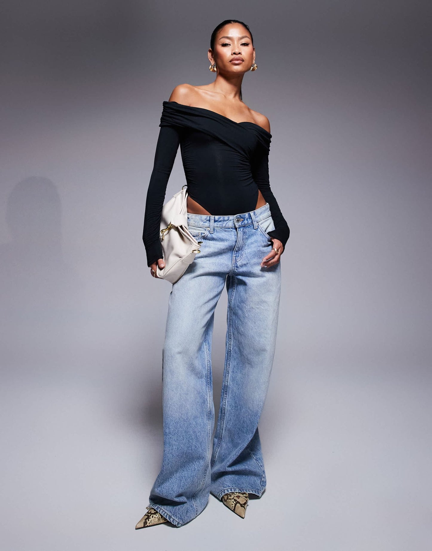 Oh Polly Ceyln modal off shoulder ruched bodysuit in black - ASOS Sample Sale